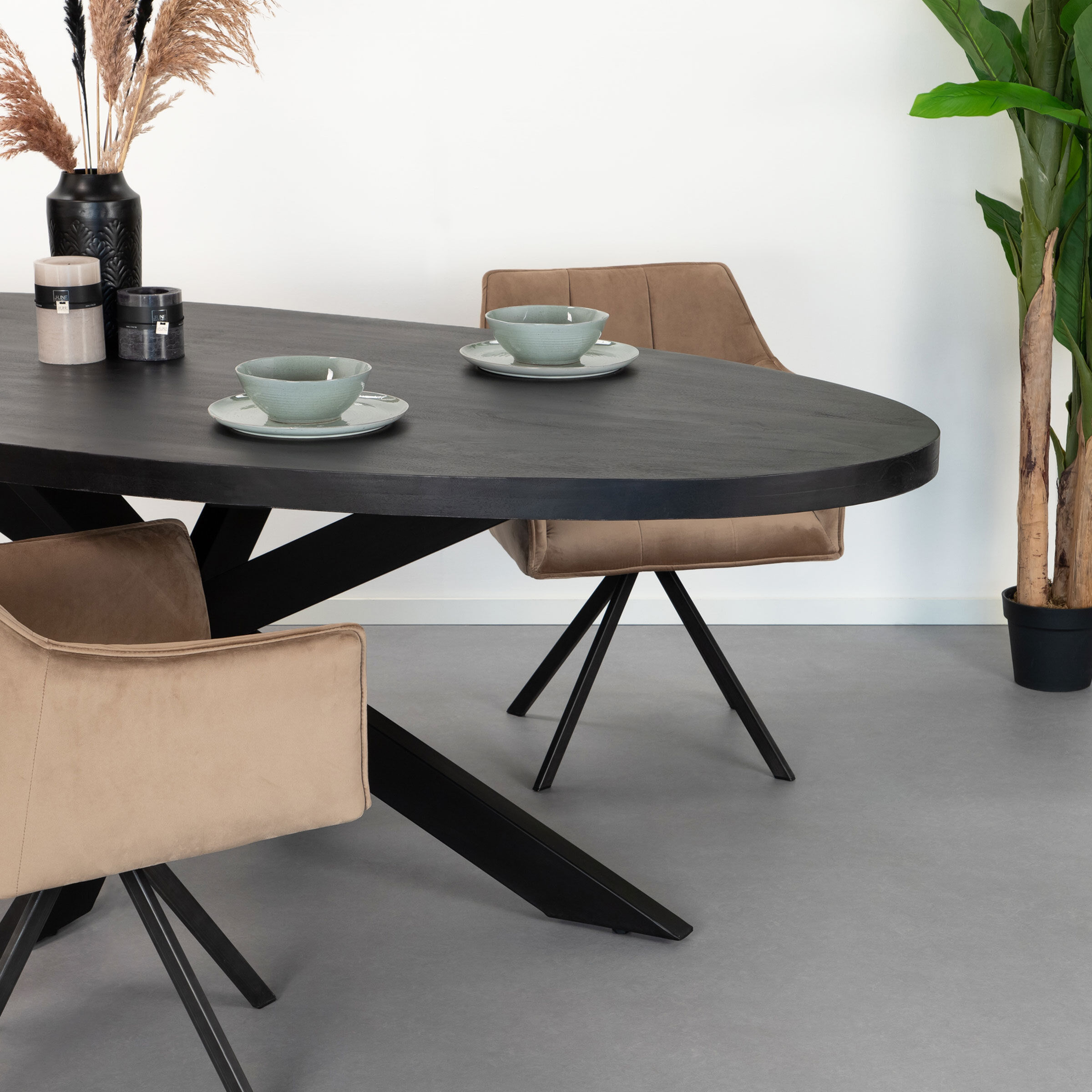 LivingFurn Ovale Eettafel Kala Spider Mangohout en staal, 240 x 110cm - zwart - Ovaal - 7439612529549