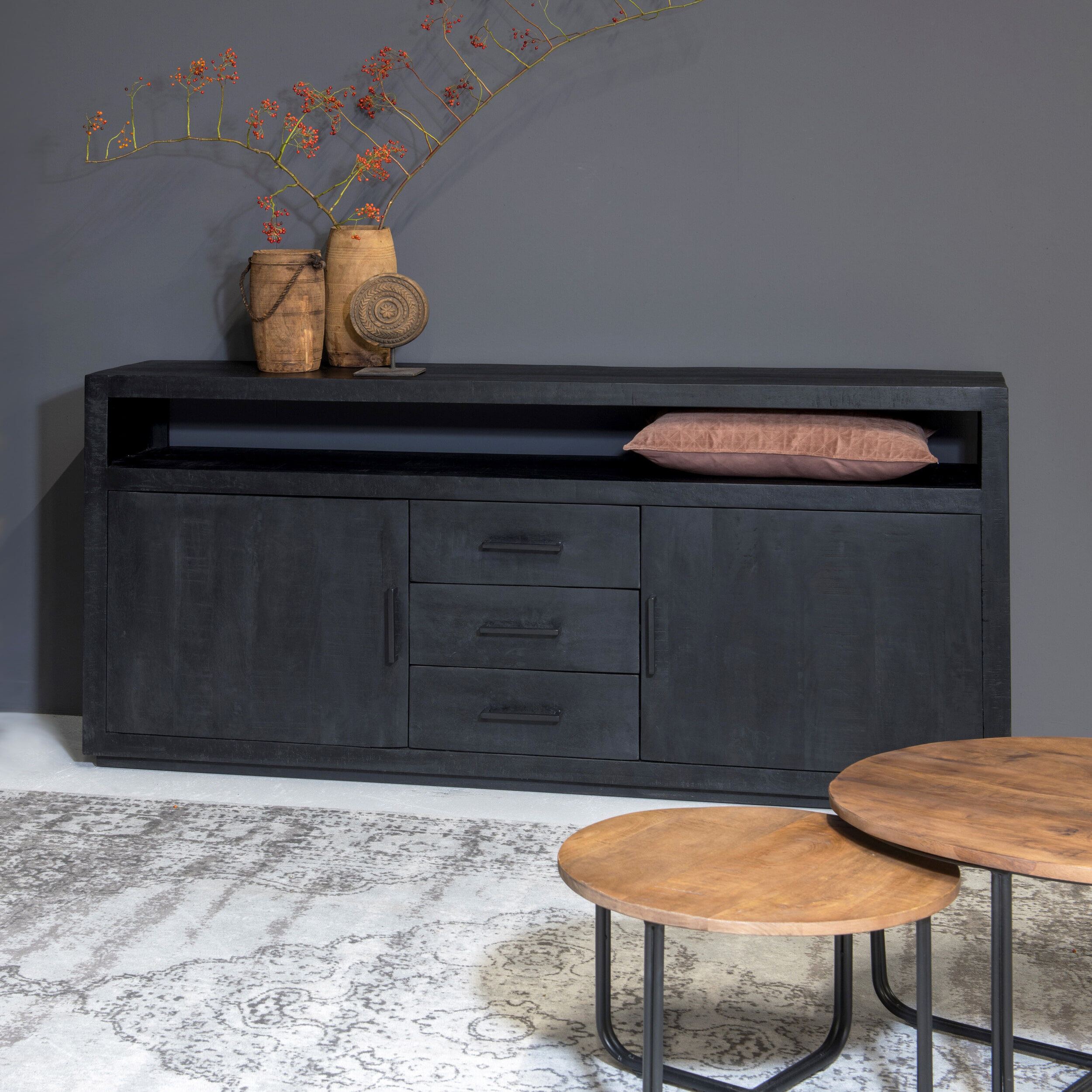 Livingfurn Dressoir Jaxx Mangohout, 180cm - Zwart - 7439612533522