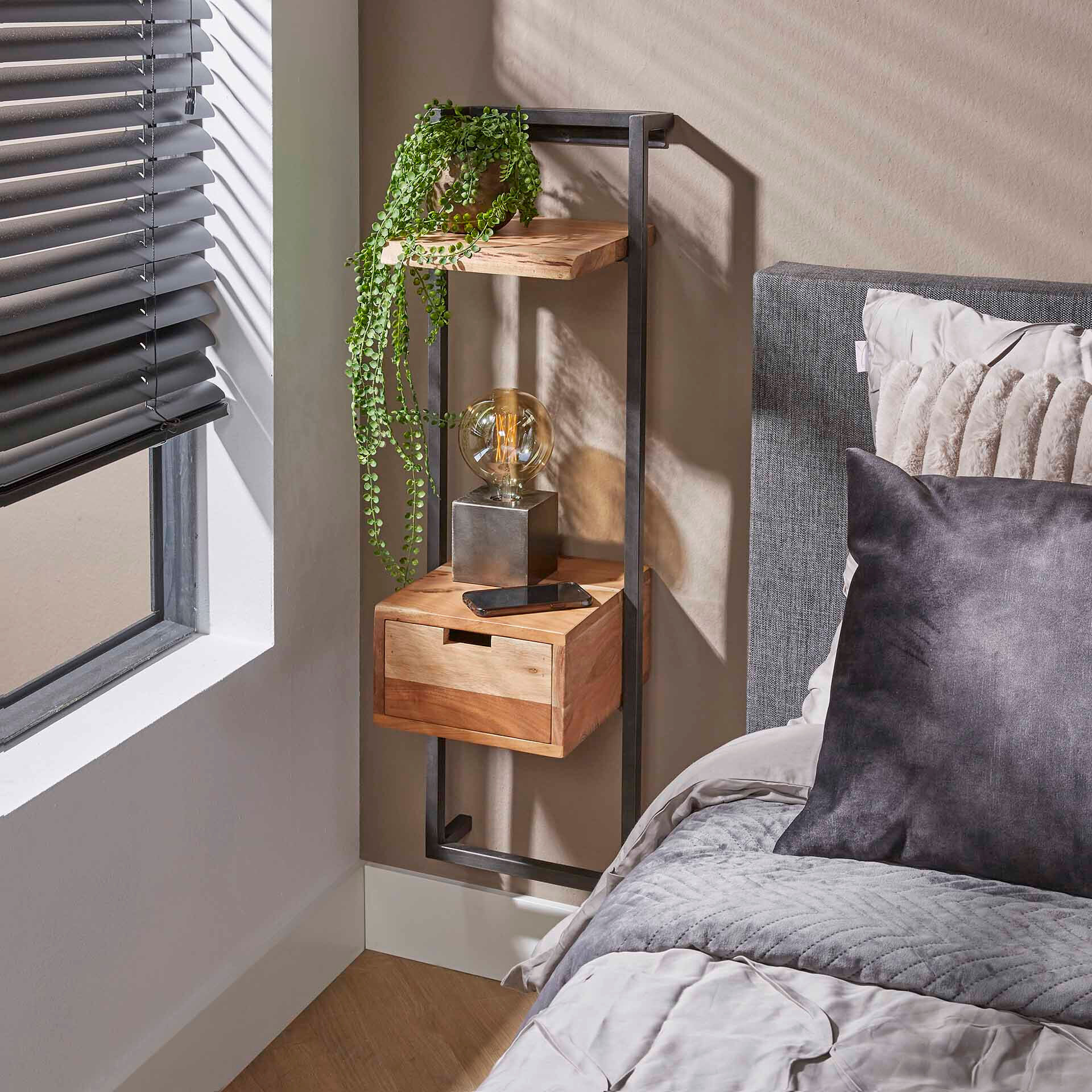 LifestyleFurn Nachtkastje Cruz Acaciahout en metaal, Met 1 lade - Bruin,Hout,Naturel - 9508969482321