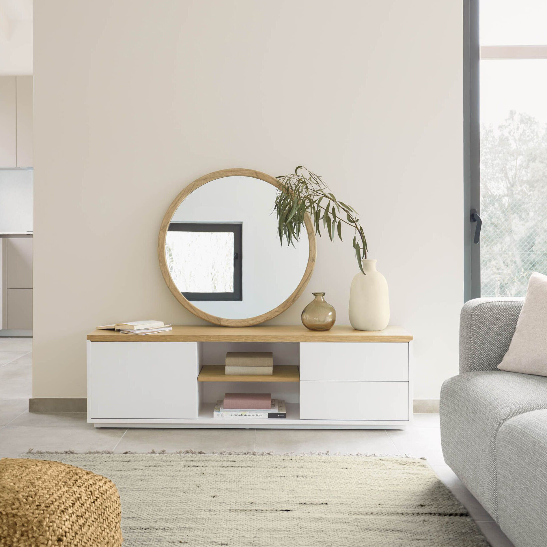 Kave Home TV-meubel Abilen Eiken, 150 x 44cm - Wit - 8433840662992