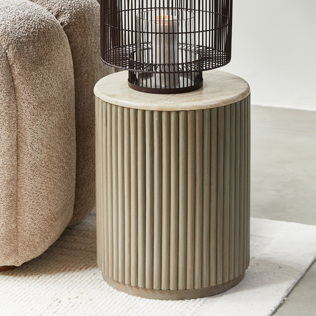 Rivièra Maison Ronde Bijzettafel Villanova Travertin en mangohout, 42cm - Bruin - 8720794169838