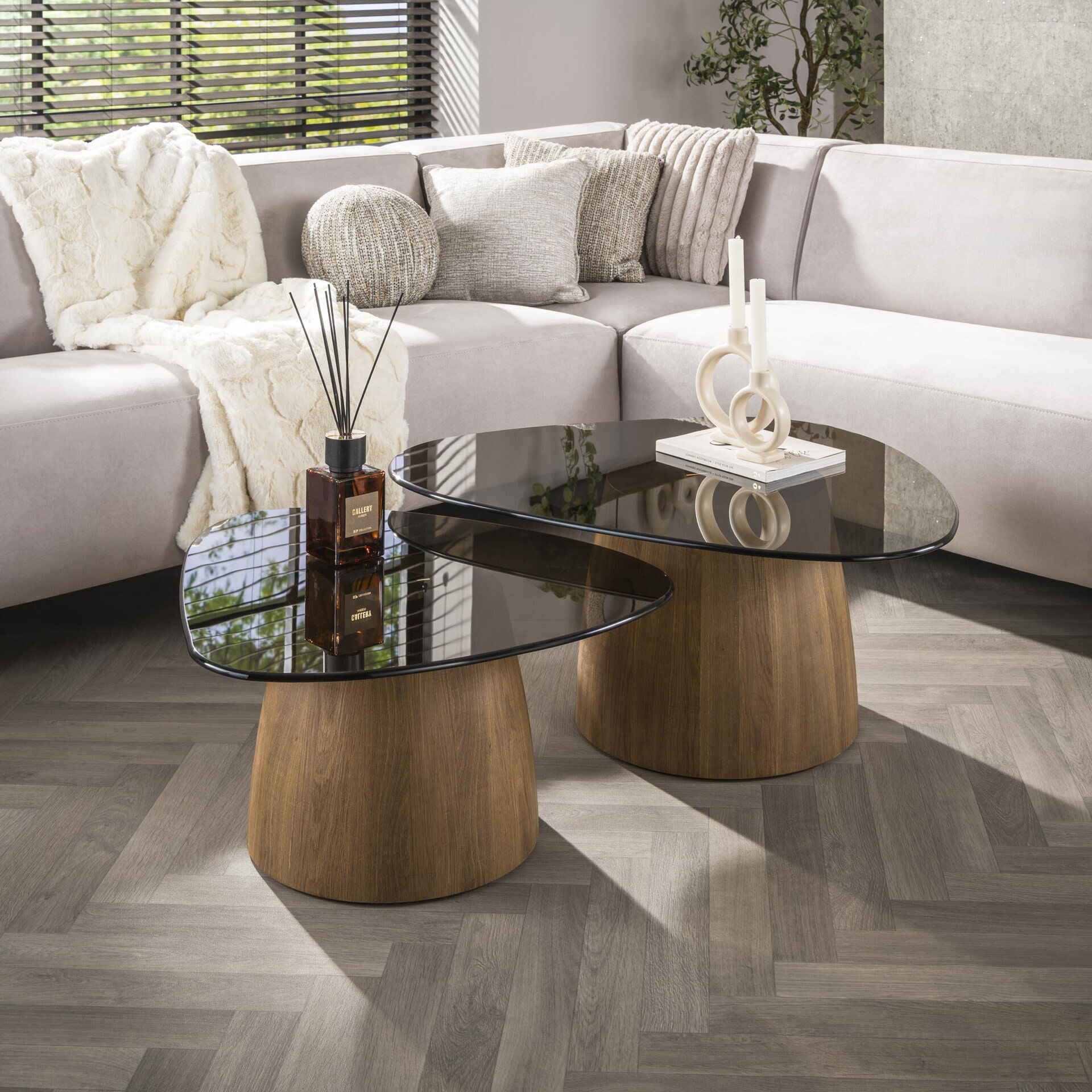 LifestyleFurn Organische Salontafel Kely Driehoek, set van 2 stuks, Brons glas - Bruin - 9506633867740