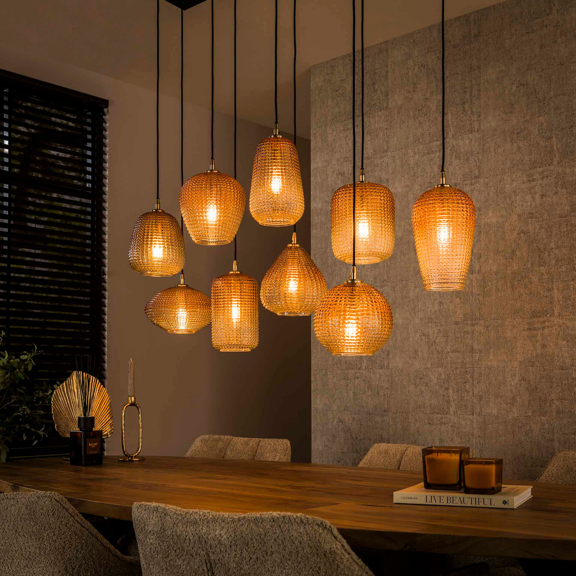 LifestyleFurn Hanglamp Tamecka 9-lamps - Amber - 9506136398994