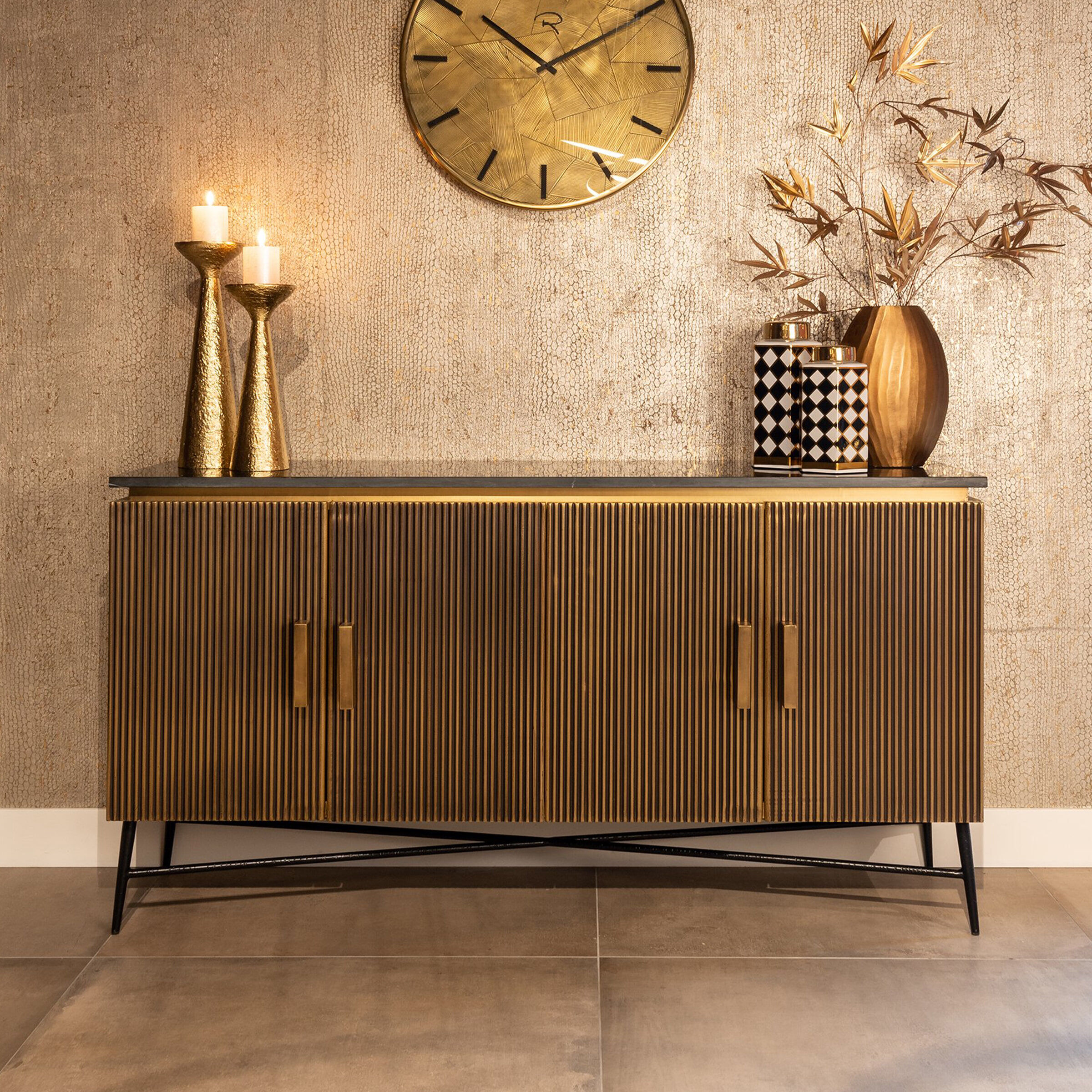 Richmond Dressoir Ironville 160cm - goud / zwart marmer - 8720621605577