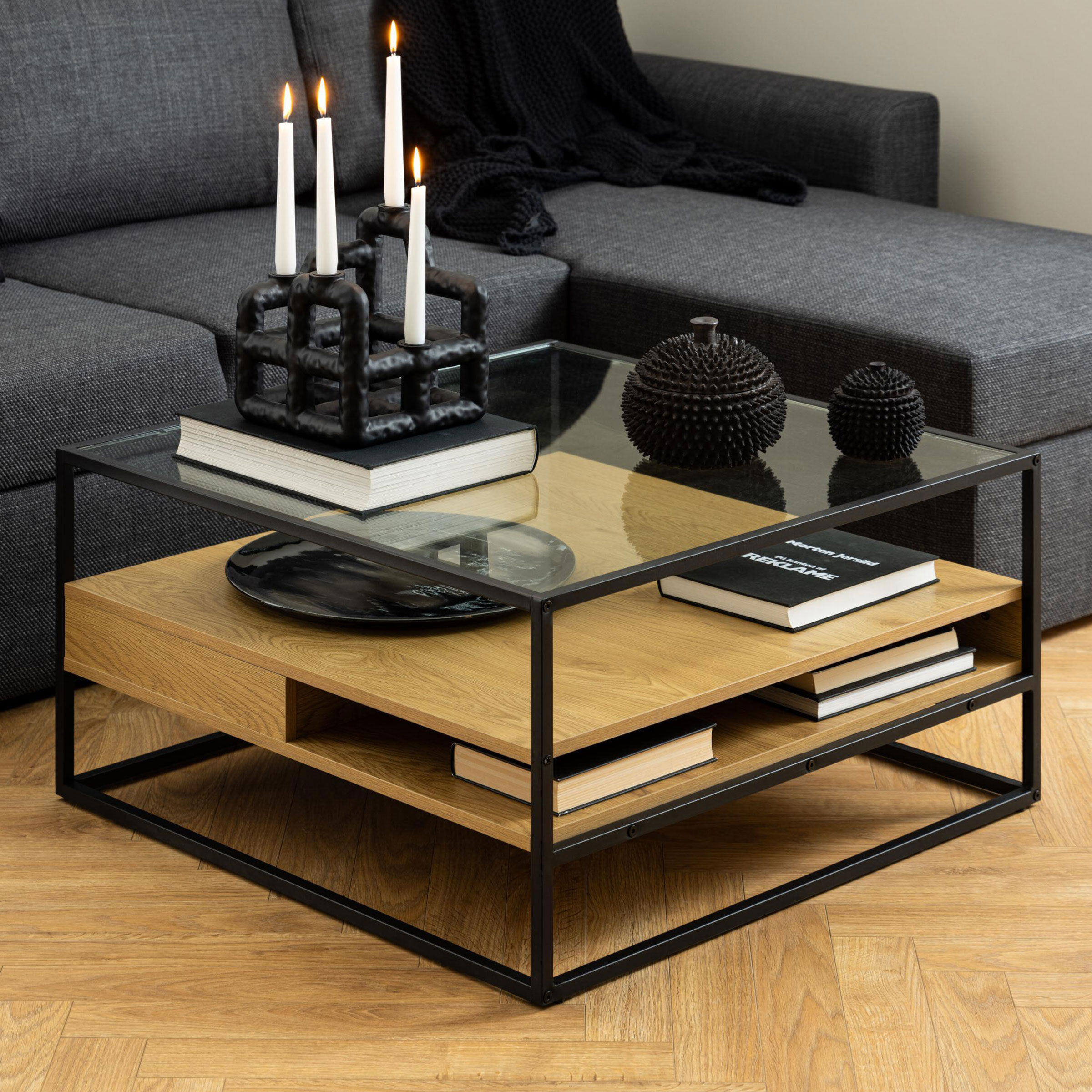 Bendt Salontafel Maikel Eiken en glas, 80 x 80cm - Transparant - Vierkant - 5713941229939