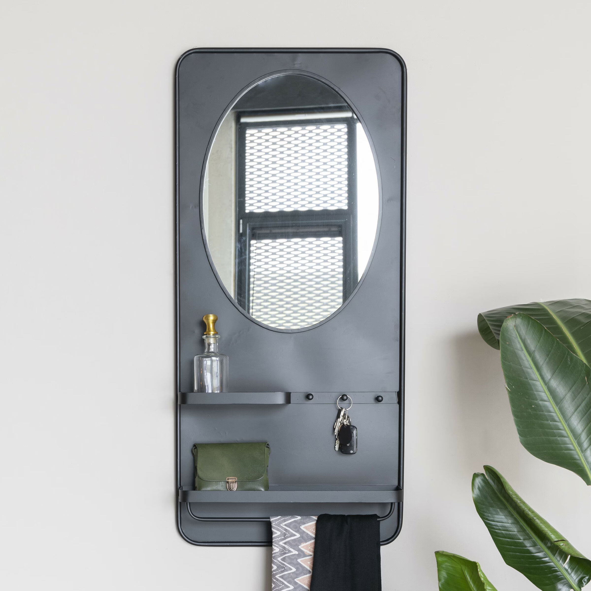 ZILT Spiegel Jaros Met 2 planken en 3 haakjes, 108 x 53cm - Zwart - Ovaal - 9508554368177