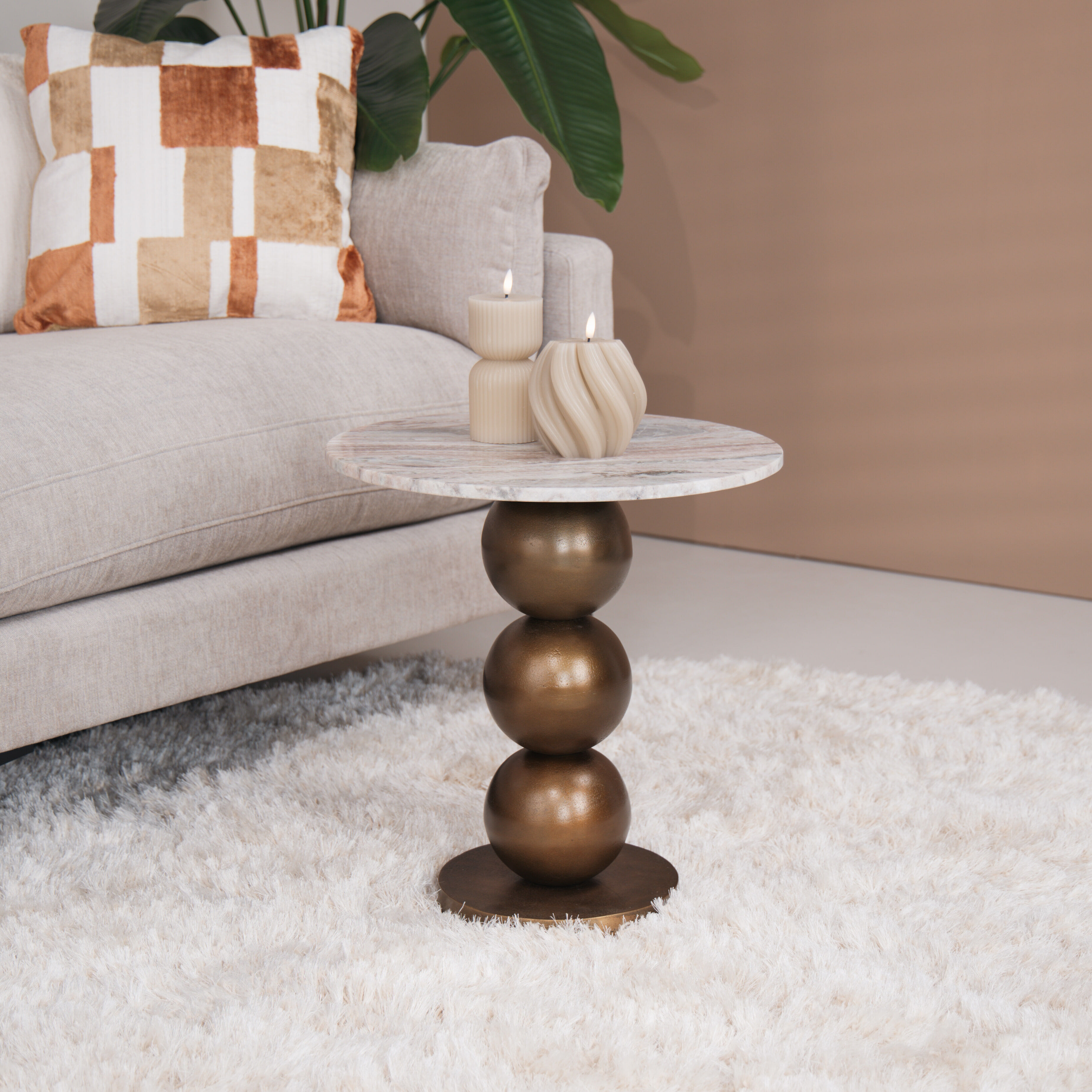 Richmond Ronde Bijzettafel Barley Marmer en brushed gold, 46cm - Beige - 8721009414767