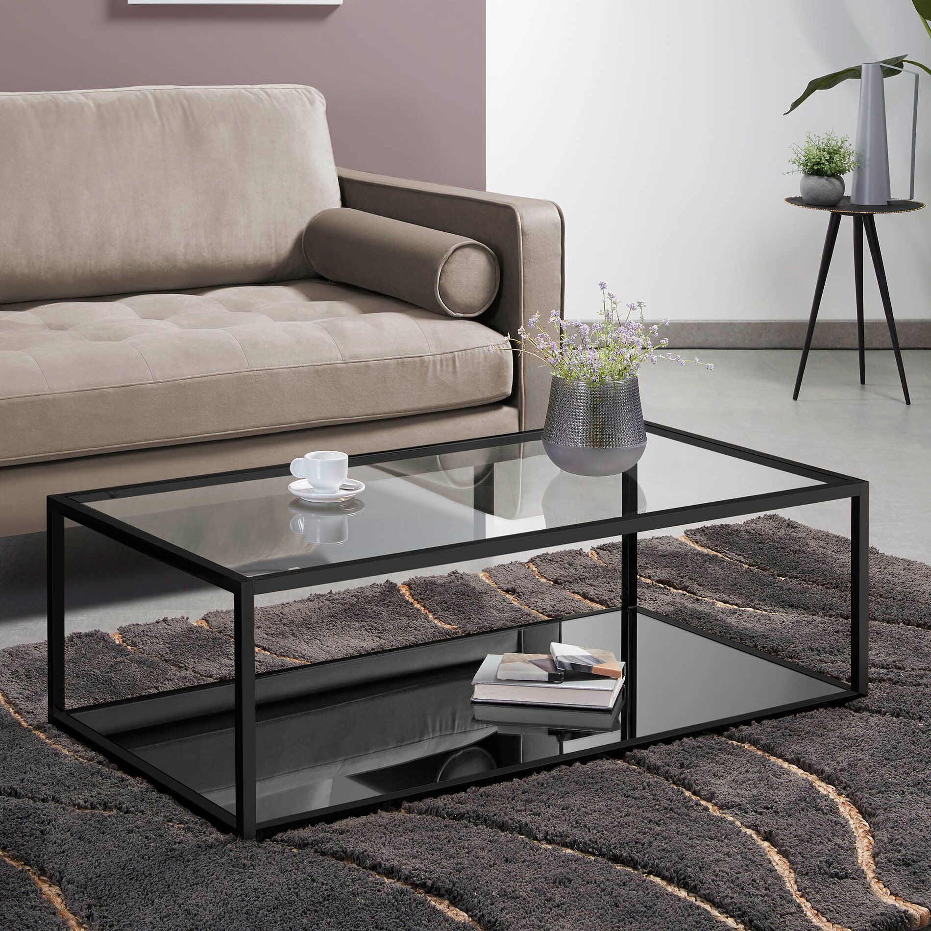 Kave Home Salontafel Blackhill Glas met zwart frame, 110 x 60cm - Vierkant - 8433840271521