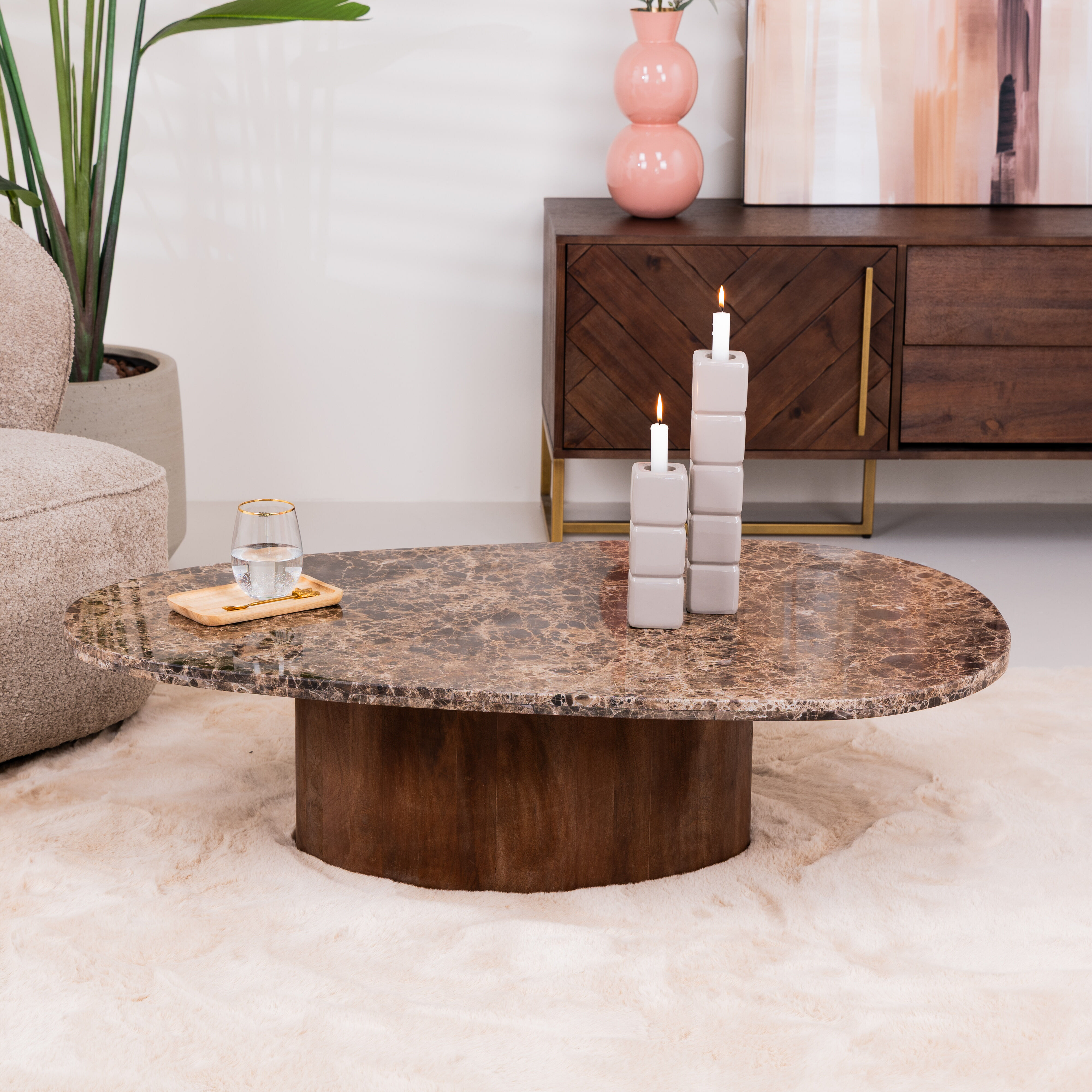 Eleonora Organische Salontafel Bradley Marmer en mangohout, 120 x 75cm - Bruin - 8719087032140