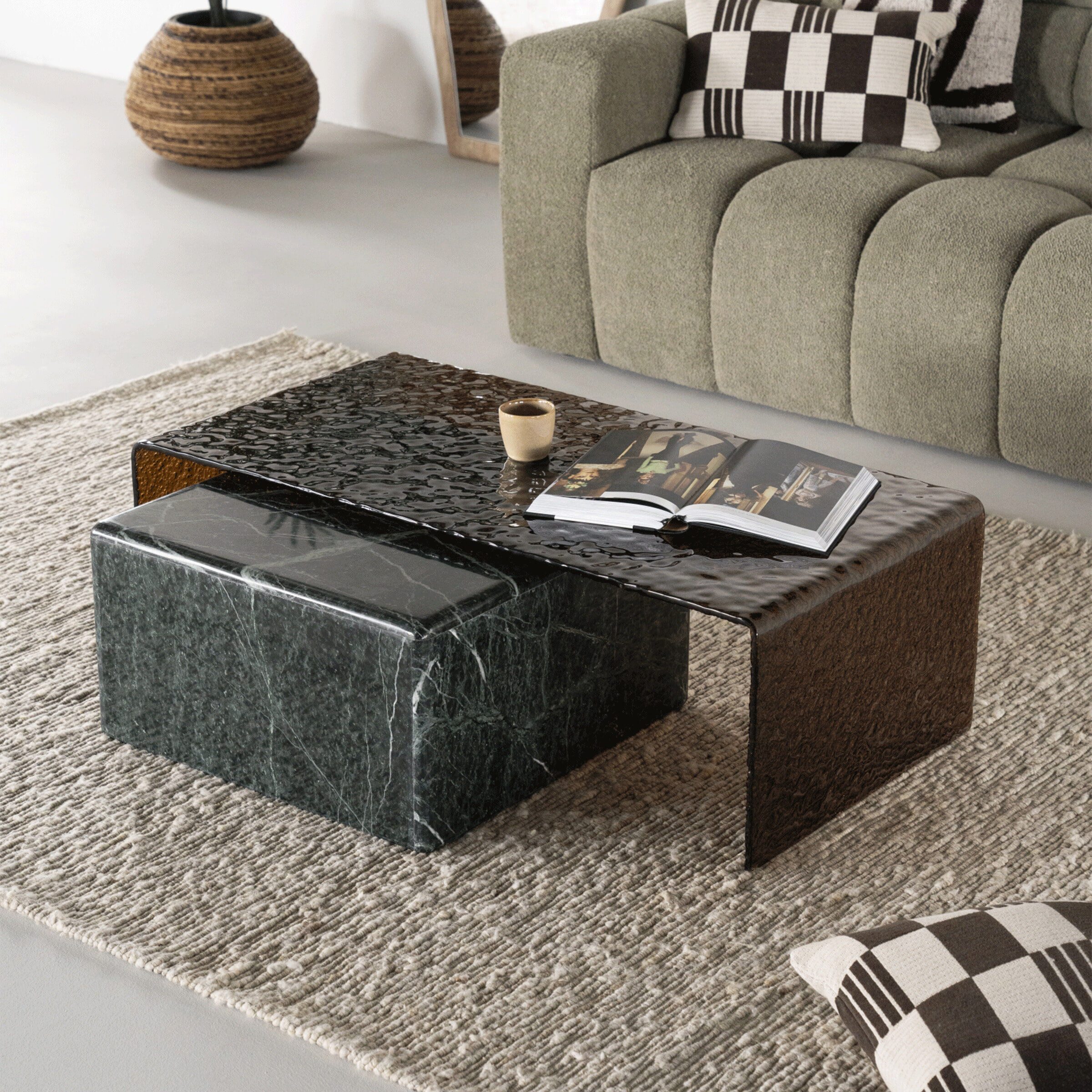 By-Boo Salontafel Ripple/Dice Glas en marmer, Set van 2 stuks - Bruin - 9508111522486