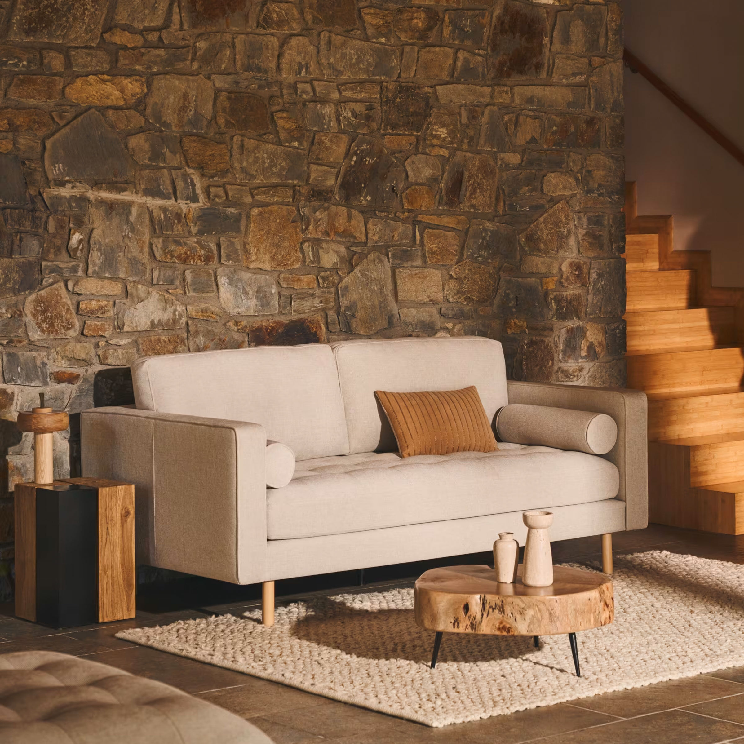 Kave Home 2-zits Bank Debra Naturel poot, Chenille - Beige - 8433840929385