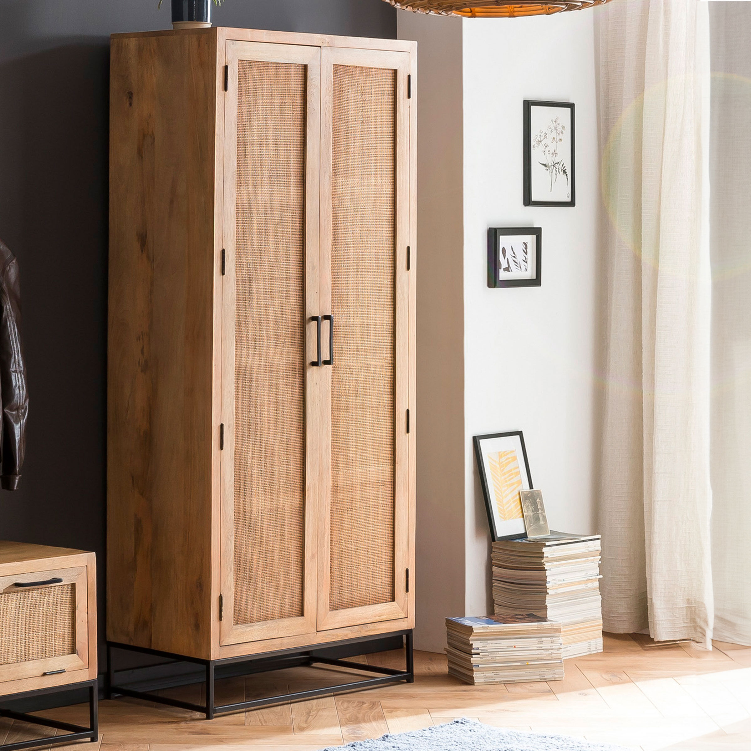 Artistiq Kledingkast Denice Mangohout en rotan, 180 x 80cm - Bruin,Hout - 4055195141645