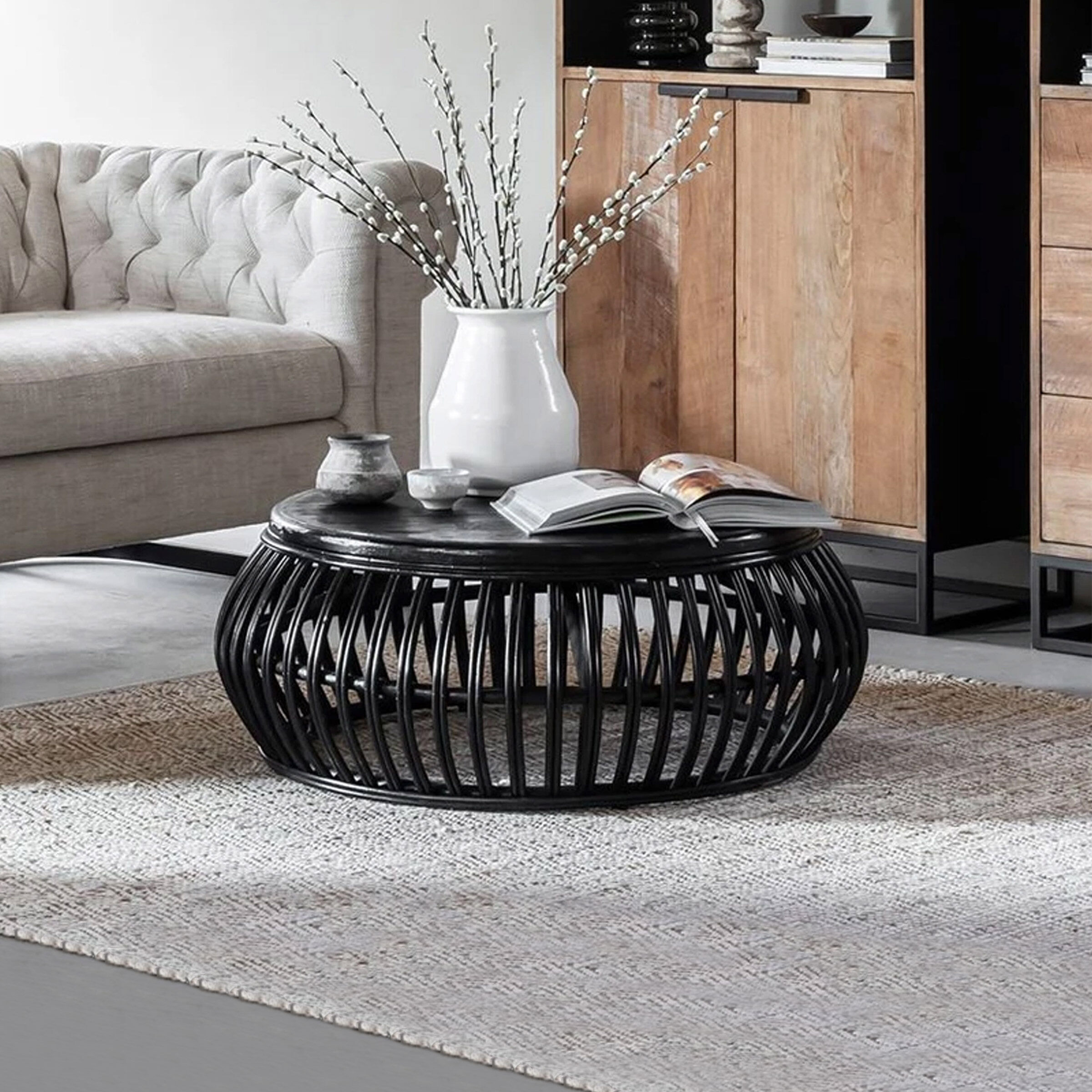 MUST Living Salontafel Positano Rotan, 90cm - Zwart - Rond - 8720146500579