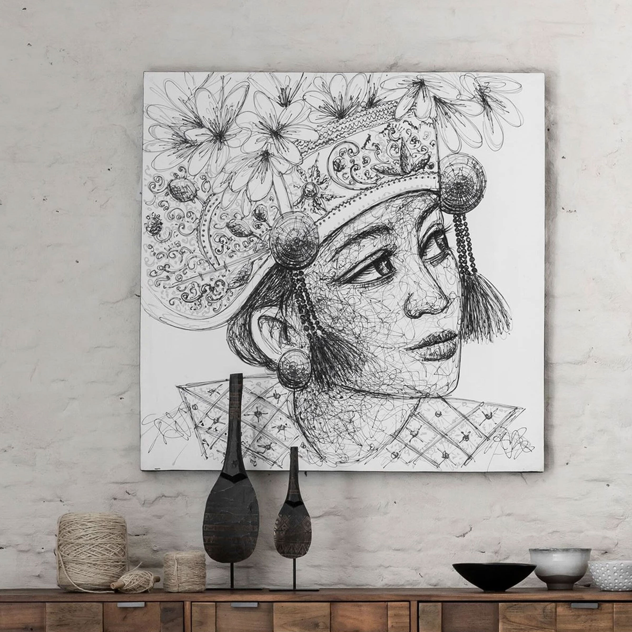 MUST Living Wandpaneel Balinese Girl Kadek 100 x 100cm - Zwart, Wit - 8720146501477
