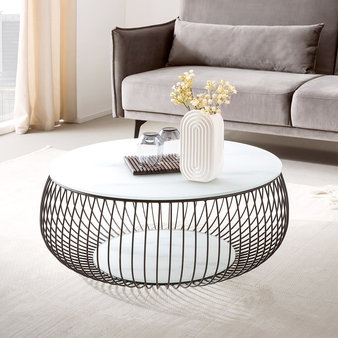 Artistiq Ronde Salontafel Johathan Glas 86cm - wit marmerlook - 4251744816181