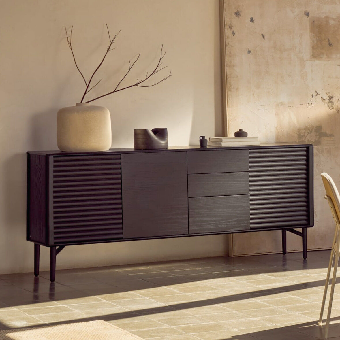 Kave Home Dressoir Lenon Eikenhout, 200cm - Zwart - Japandi - 8433840929460