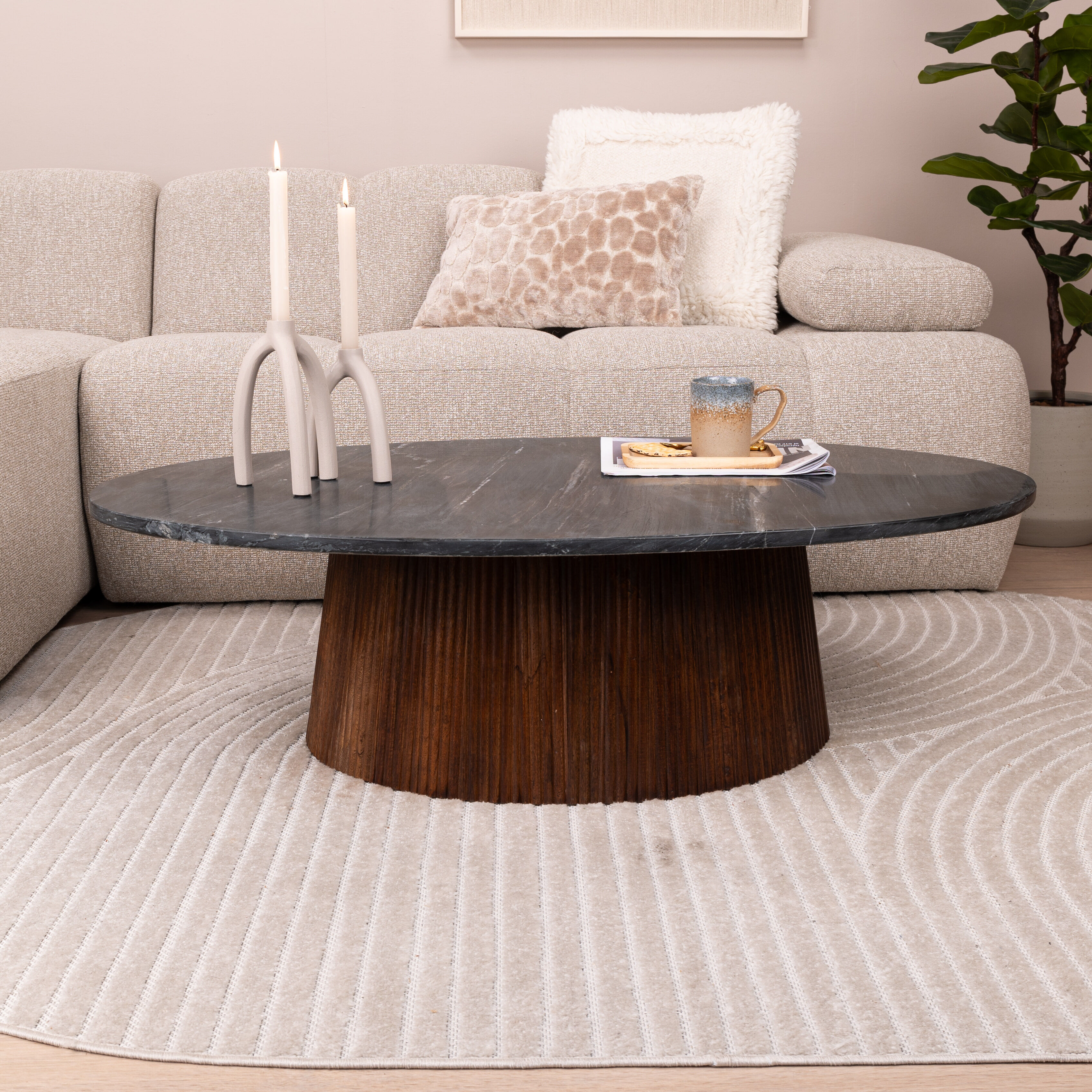 Eleonora Ovale Salontafel Maxim Mangohout en marmer, 120 x 70cm - Zwart - Ovaal - 8719087026101