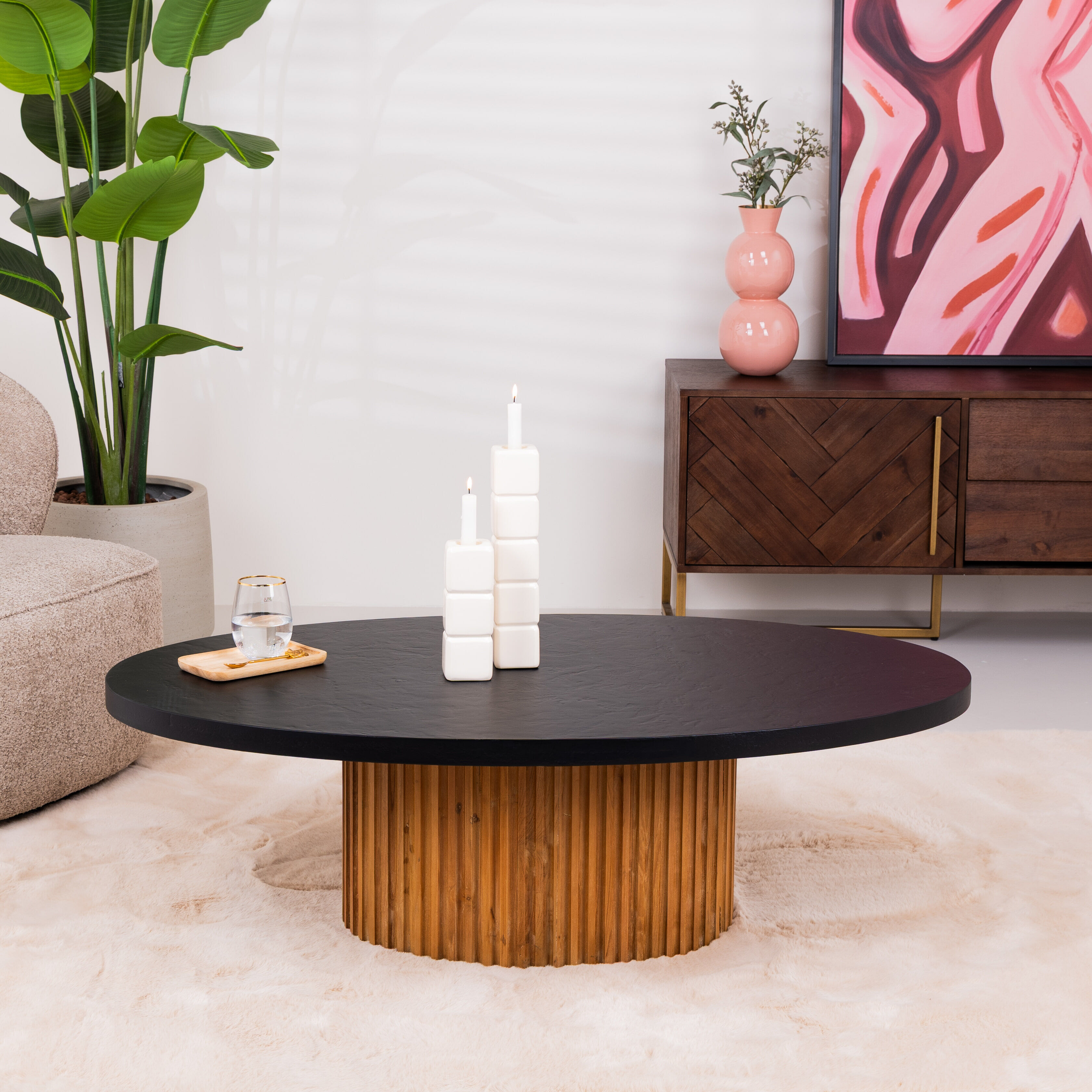 Tower Living Ovale Salontafel Palazzo Teakhout en mineraal stucwerk, 130 x 75cm - Bruin - Ovaal - 9508314975966