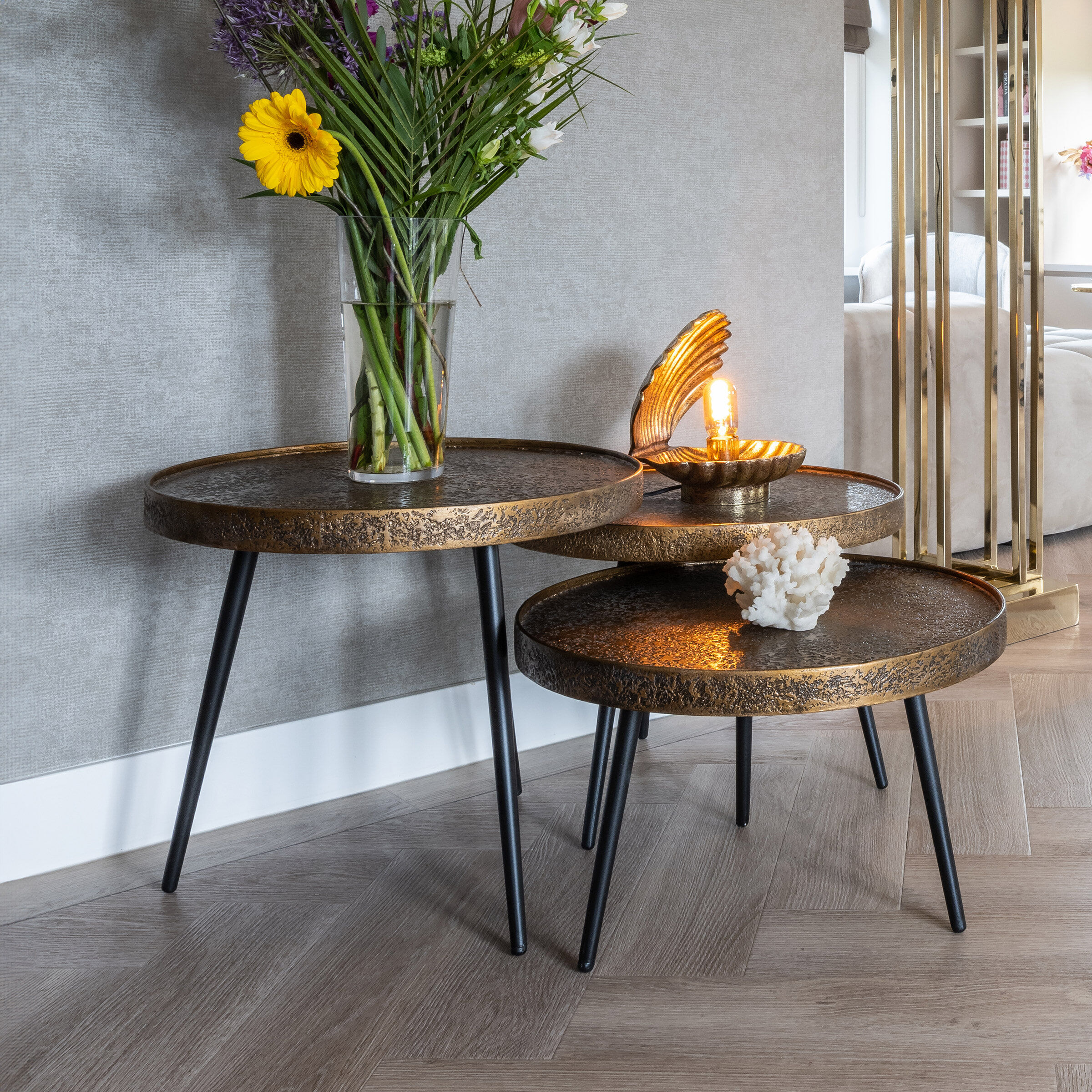 Richmond Salontafel Luton Set van 3 stuks - Goud - Rond - 8720621684954