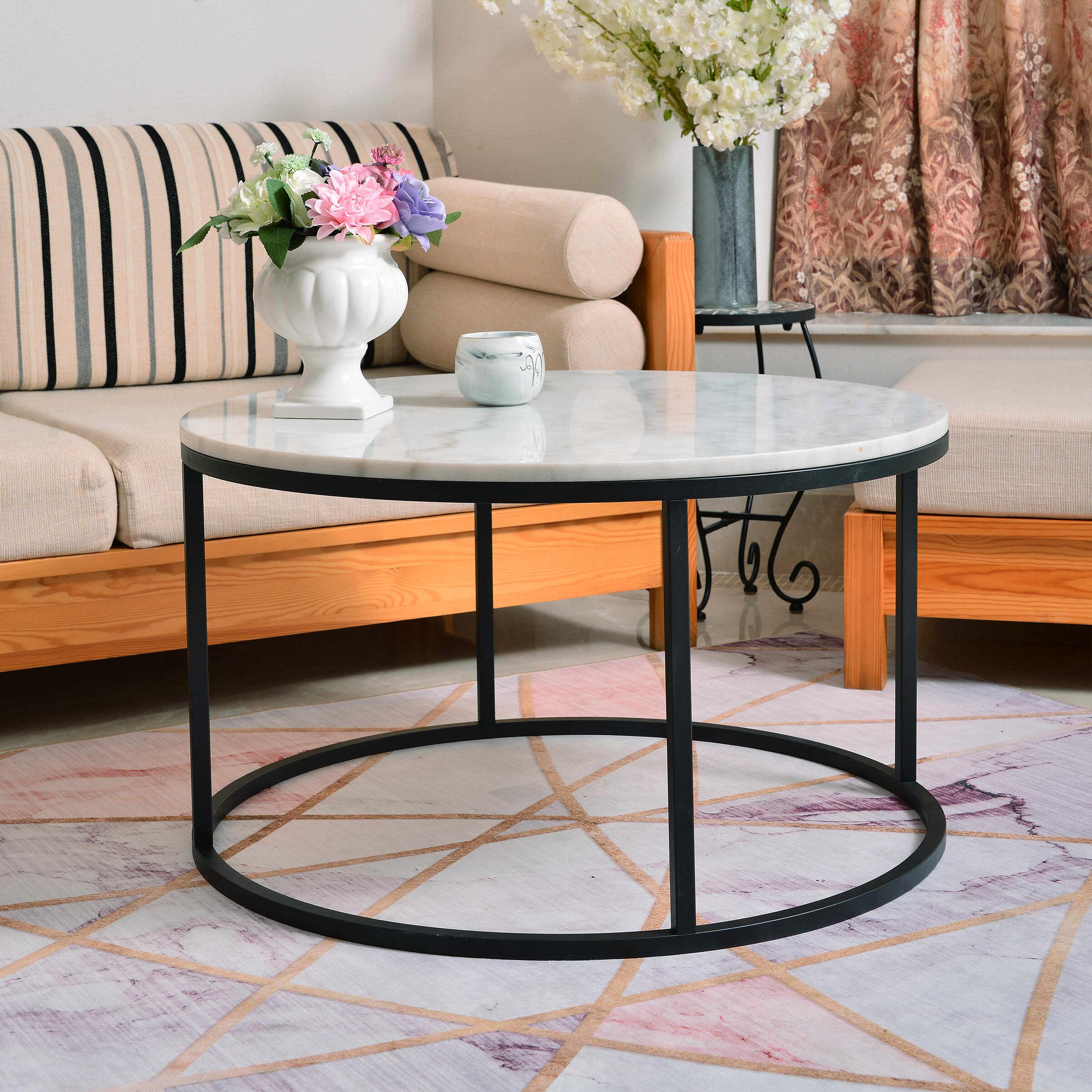 Artistiq Ronde Salontafel Yorick Wit Marmer en Staal, Ø85cm - Zwart - 4055195010484