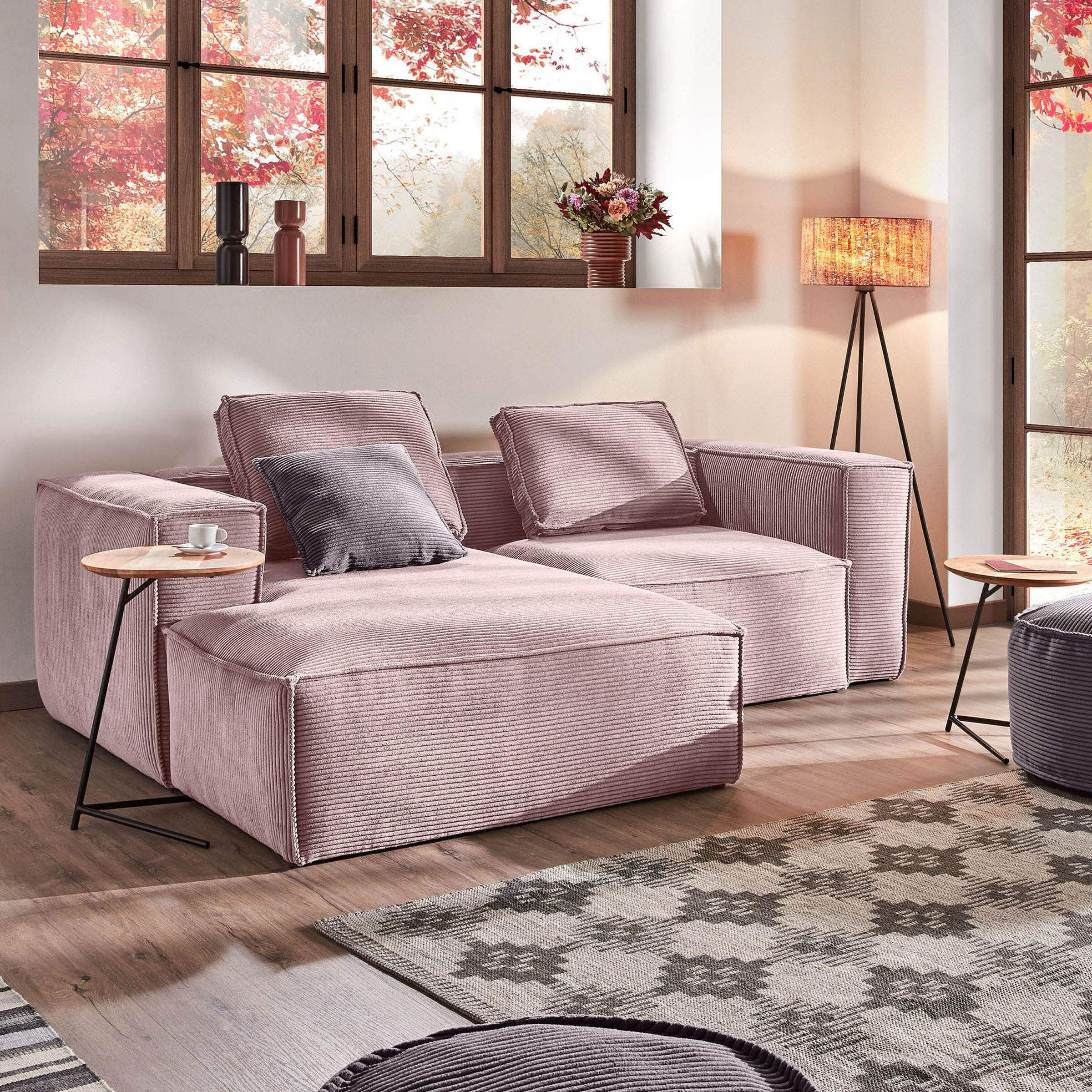 Kave Home Loungebank Blok Rib, Links 240cm - Roze - Velvet - 8433840570075