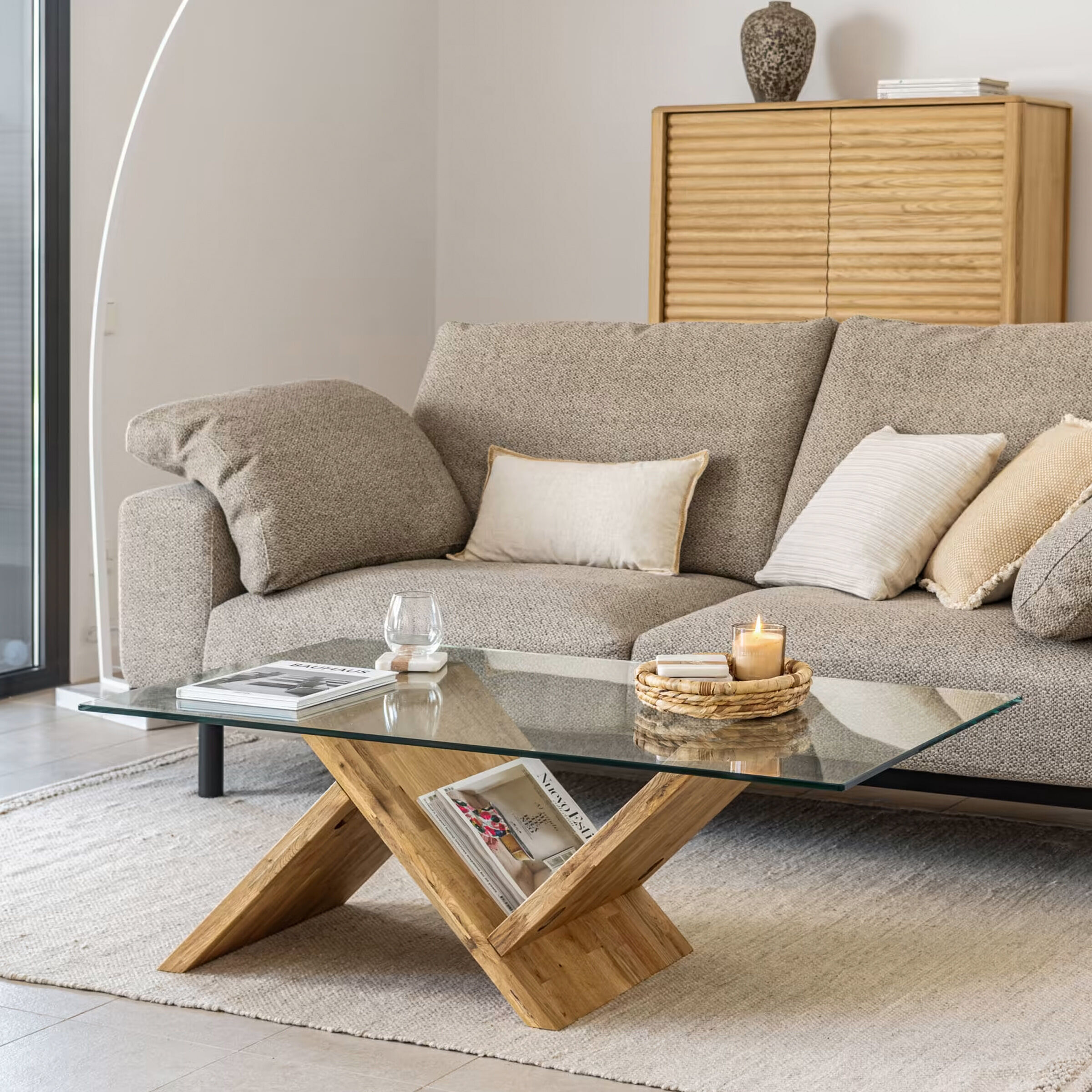 Kave Home Salontafel Waley Eiken met glasplaat, 120 x 70cm - Bruin - 8433840377049