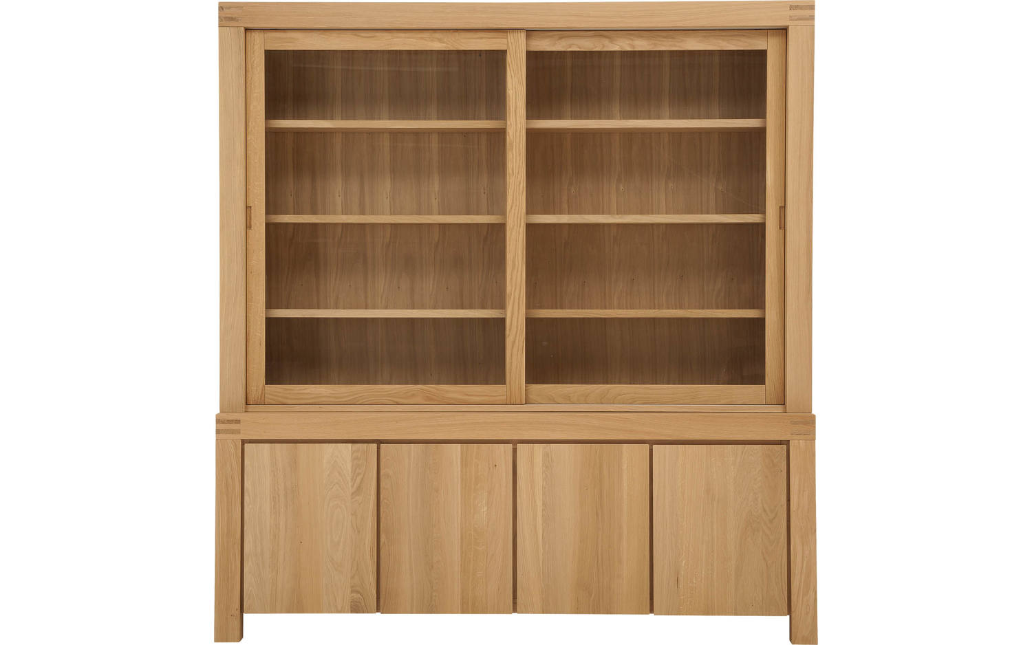 Goossens Buffetkast Clear, 2 glasdeuren boven, 4 dichte deuren onder, blank eiken, 210 x 225 x 45 cm, stijlvol landelijk