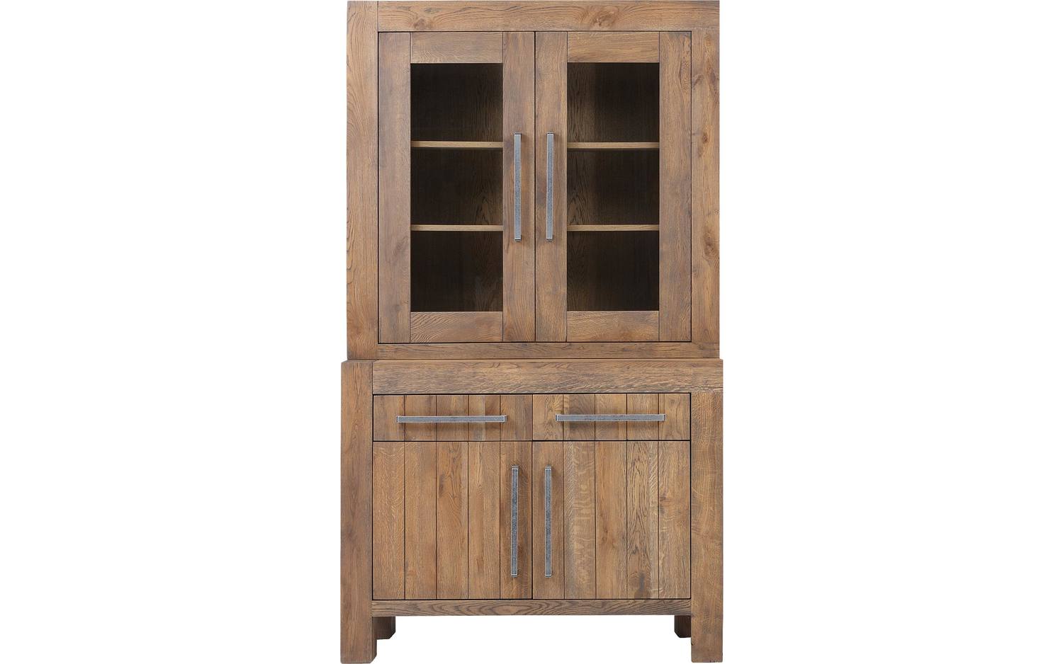 Goossens Buffetkast Roots, 2 glasdeuren 2 dichte deuren 2 laden, donkergrijs eiken, 120 x 210 x 45 cm, stijlvol landelijk - 8718823307634