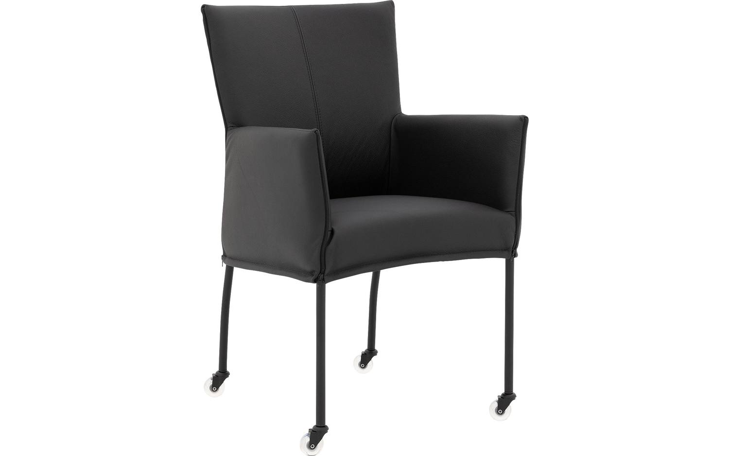 Goossens Eetkamerstoel Funk Zwarte Poten zwart leer met armleuning en met wielen, modern design - 8718823307979