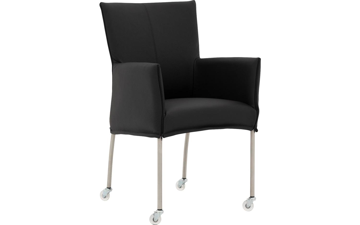 Goossens Eetkamerstoel Funk RVS Poten zwart leer met armleuning en Transparant skater wiel met rvs kapmet wielen, modern design - 8718823308068