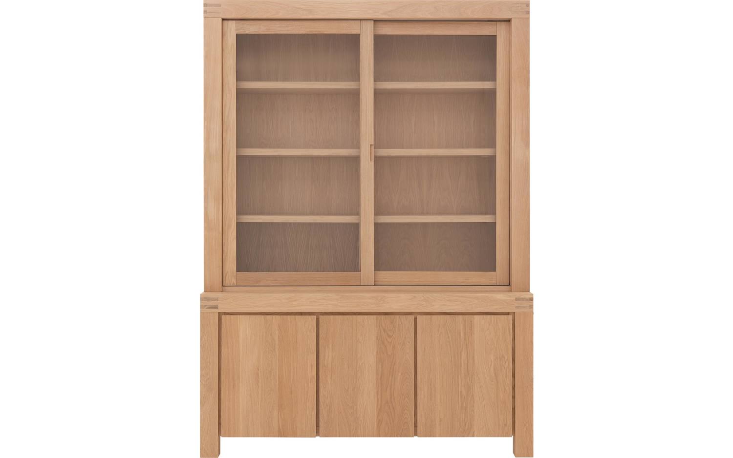 Goossens Buffetkast Clear, 2 glasdeuren boven, 3 dichte deuren onder, blank eiken, 162 x 225 x 45 cm, stijlvol landelijk