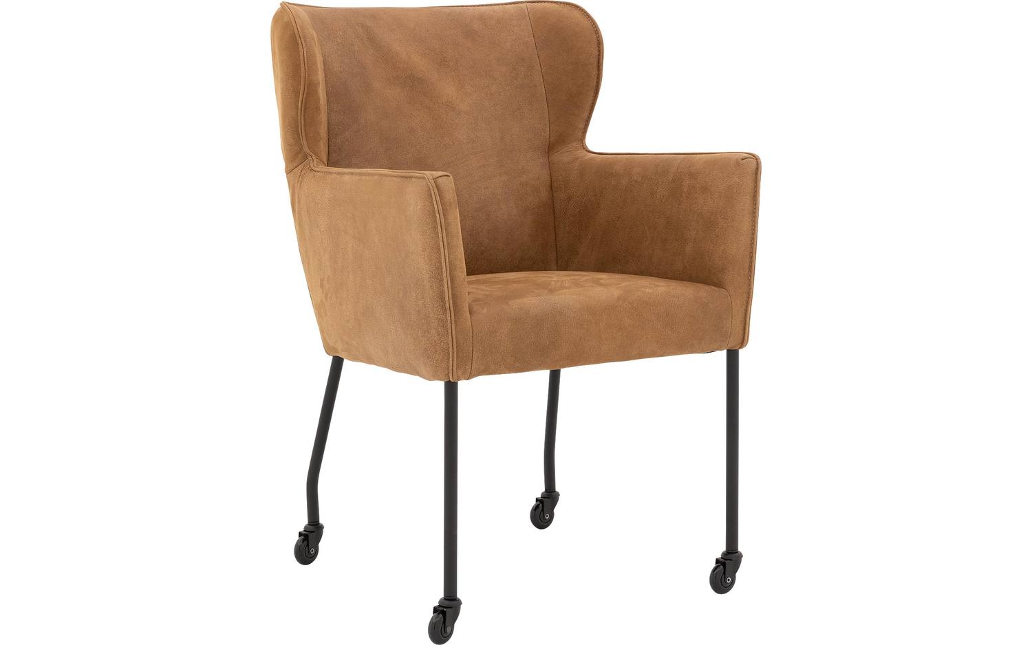 Goossens Excellent Eetkamerstoel Leogang donkerbruin leer met armleuning en Zwart skater wiel met zwarte kapmet wielen, elegant chic - 8718823226126