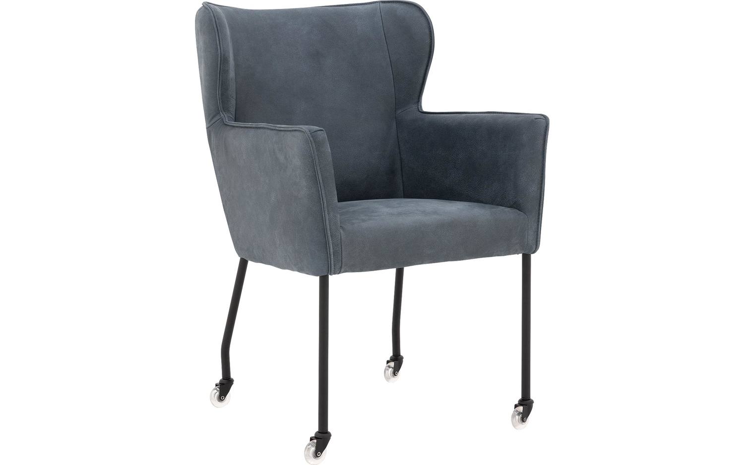 Goossens Excellent Eetkamerstoel Leogang blauw leer met armleuning en met wielen, elegant chic - 8718823308471