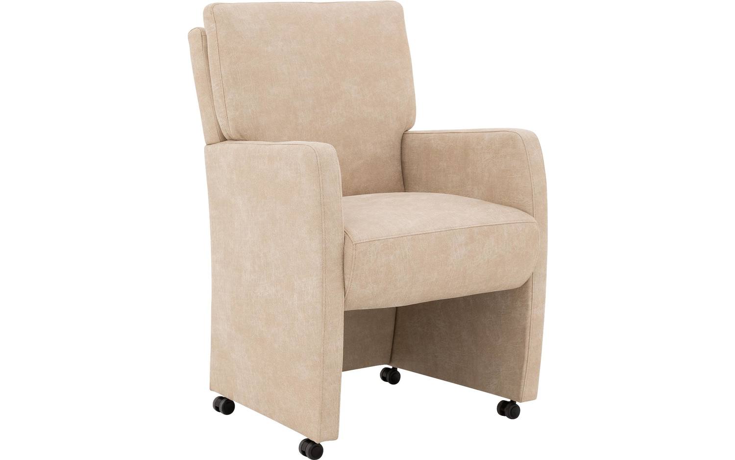 Goossens Eetkamerstoel Leen beige micro leer met armleuning en met wielen, stijlvol landelijk - 8718823308518