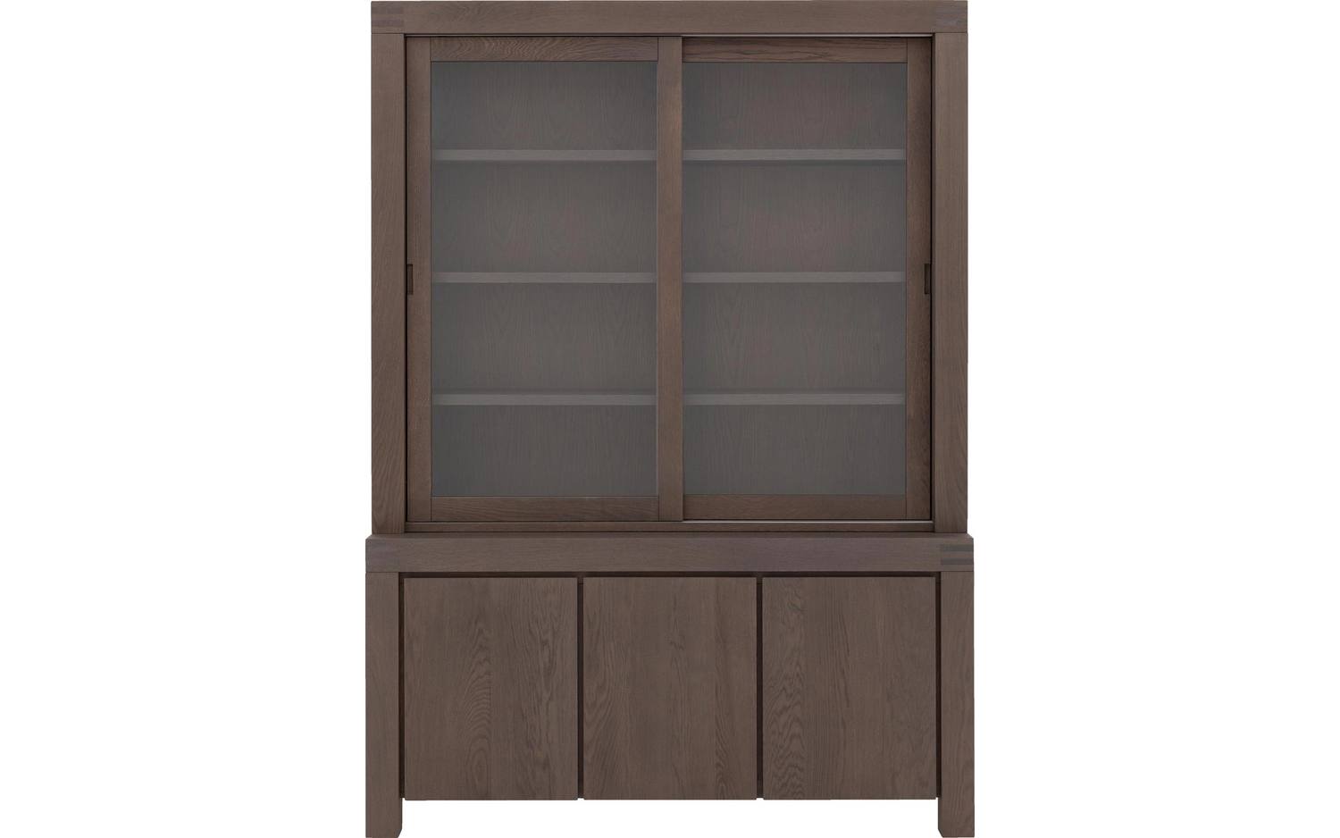 Goossens Buffetkast Clear, 2 glasdeuren boven, 3 dichte deuren onder, donker bruin eiken, 162 x 225 x 45 cm, stijlvol landelijk