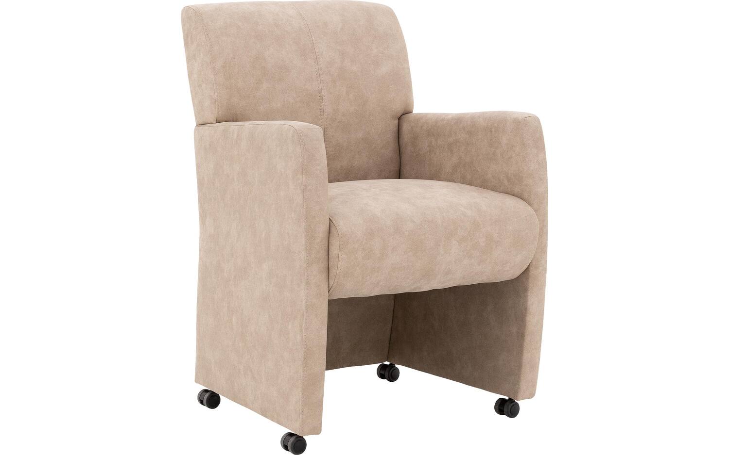 Goossens Eetkamerstoel Alex beige microvezel met armleuning en met wielen, stijlvol landelijk - 8718823141078