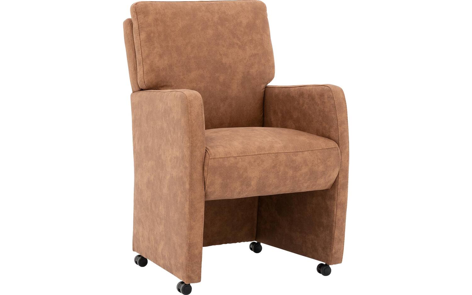 Goossens Eetkamerstoel Leen bruin microvezel met armleuning en met wielen, stijlvol landelijk - 8718823142242