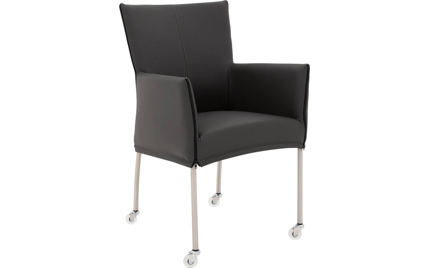 Goossens Eetkamerstoel Funk RVS Poten donkergrijs leer met armleuning en Transparant skater wiel met rvs kapmet wielen, modern design - 8718823178258