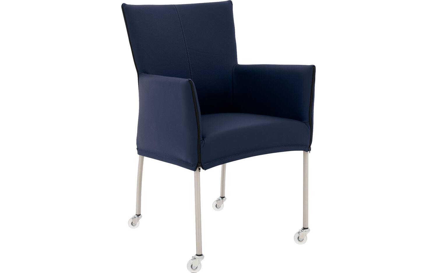 Goossens Eetkamerstoel Funk RVS Poten blauw leer met armleuning en Transparant skater wiel met rvs kapmet wielen, modern design - 8718823179354