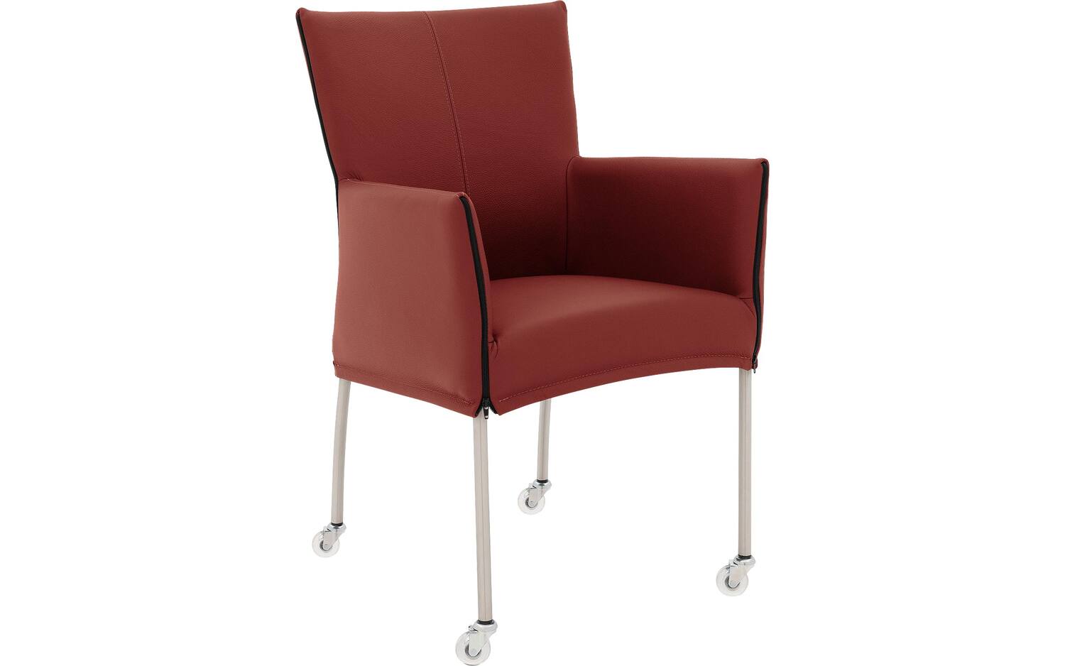 Goossens Eetkamerstoel Funk RVS Poten rood leer met armleuning en Transparant skater wiel met rvs kapmet wielen, modern design - 8718823179378