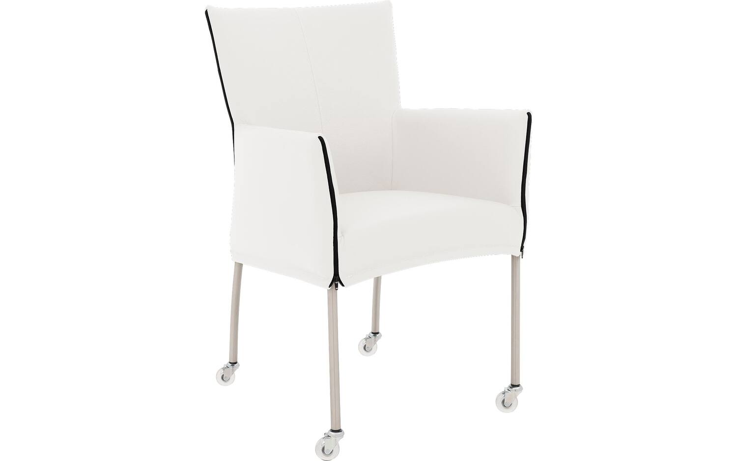 Goossens Eetkamerstoel Funk RVS Poten wit leer met armleuning en Transparant skater wiel met rvs kapmet wielen, modern design - 8718823179392