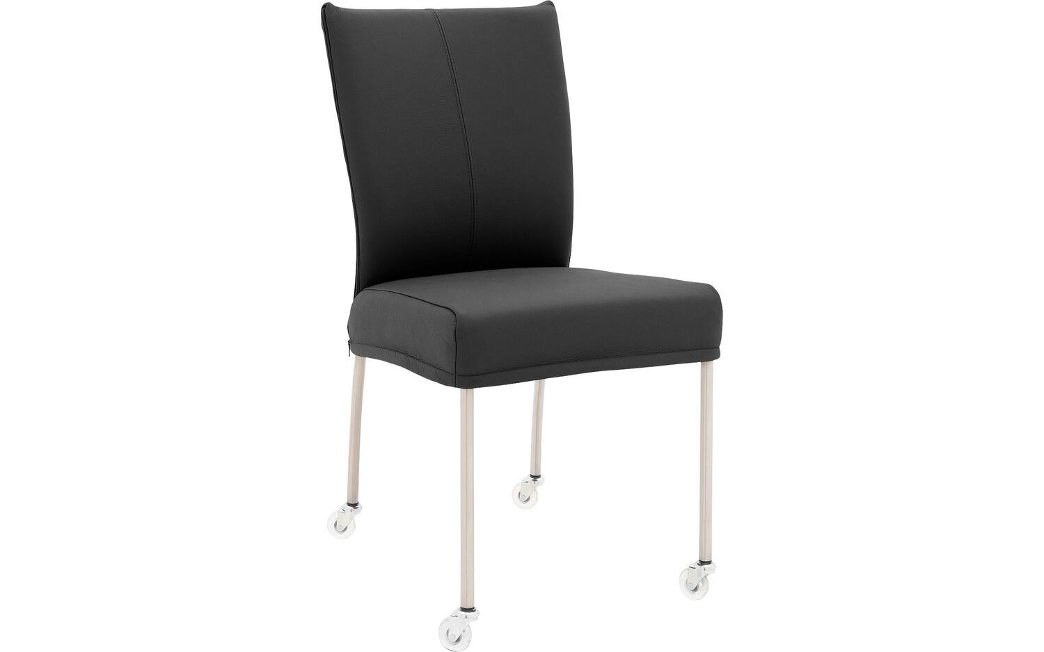 Goossens Eetkamerstoel Funk RVS Poten donkergrijs leer leuning en Transparant skater wiel met rvs kapmet wielen, modern design - 8718823179415