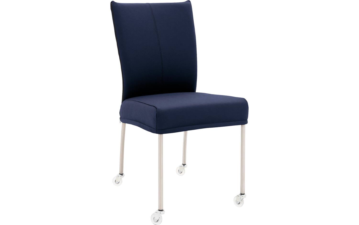 Goossens Eetkamerstoel Funk RVS Poten blauw leer leuning en Transparant skater wiel met rvs kapmet wielen, modern design - 8718823179422