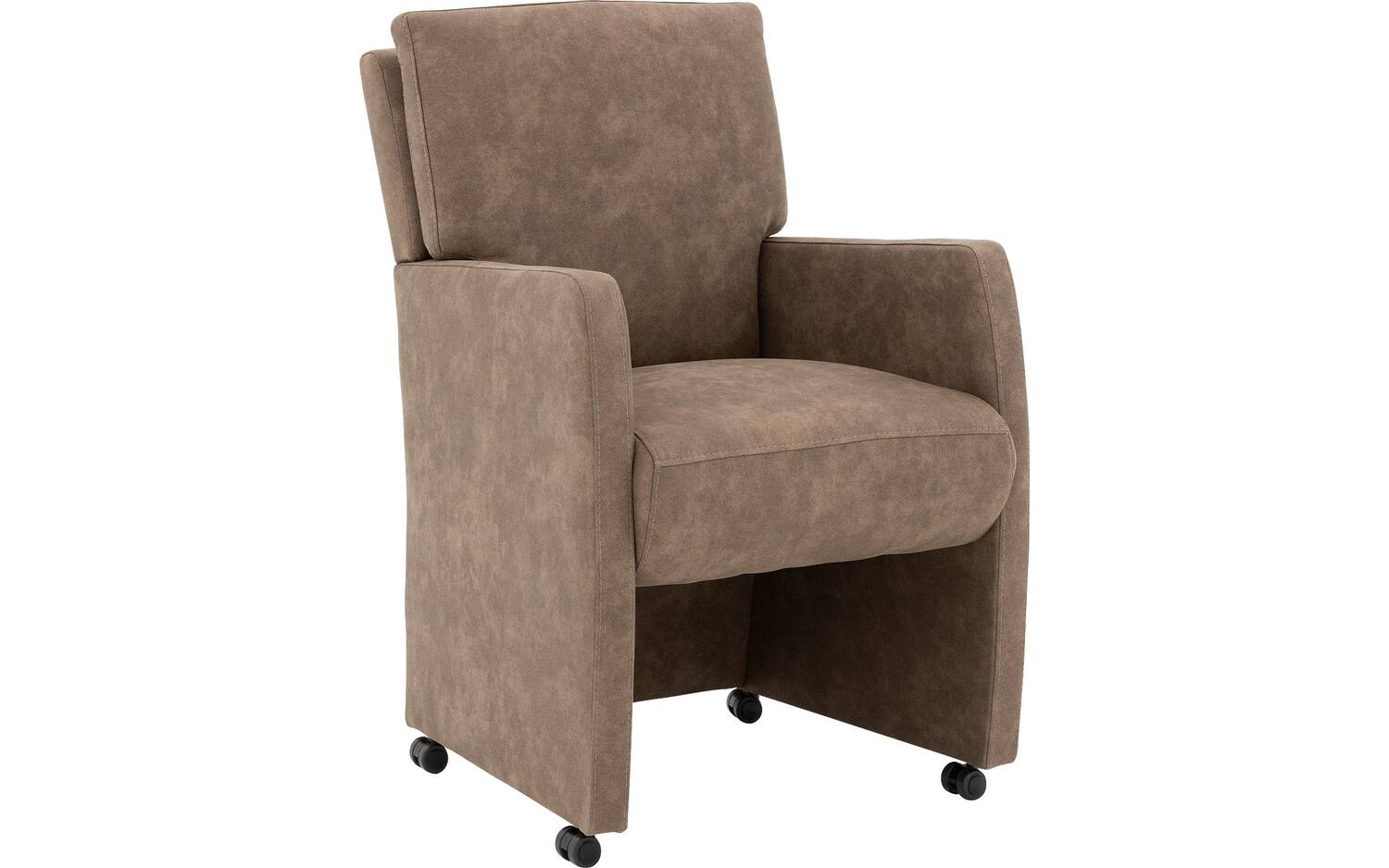 Goossens Eetkamerstoel Leen bruin microvezel met armleuning en met wielen, stijlvol landelijk - 8718823183764