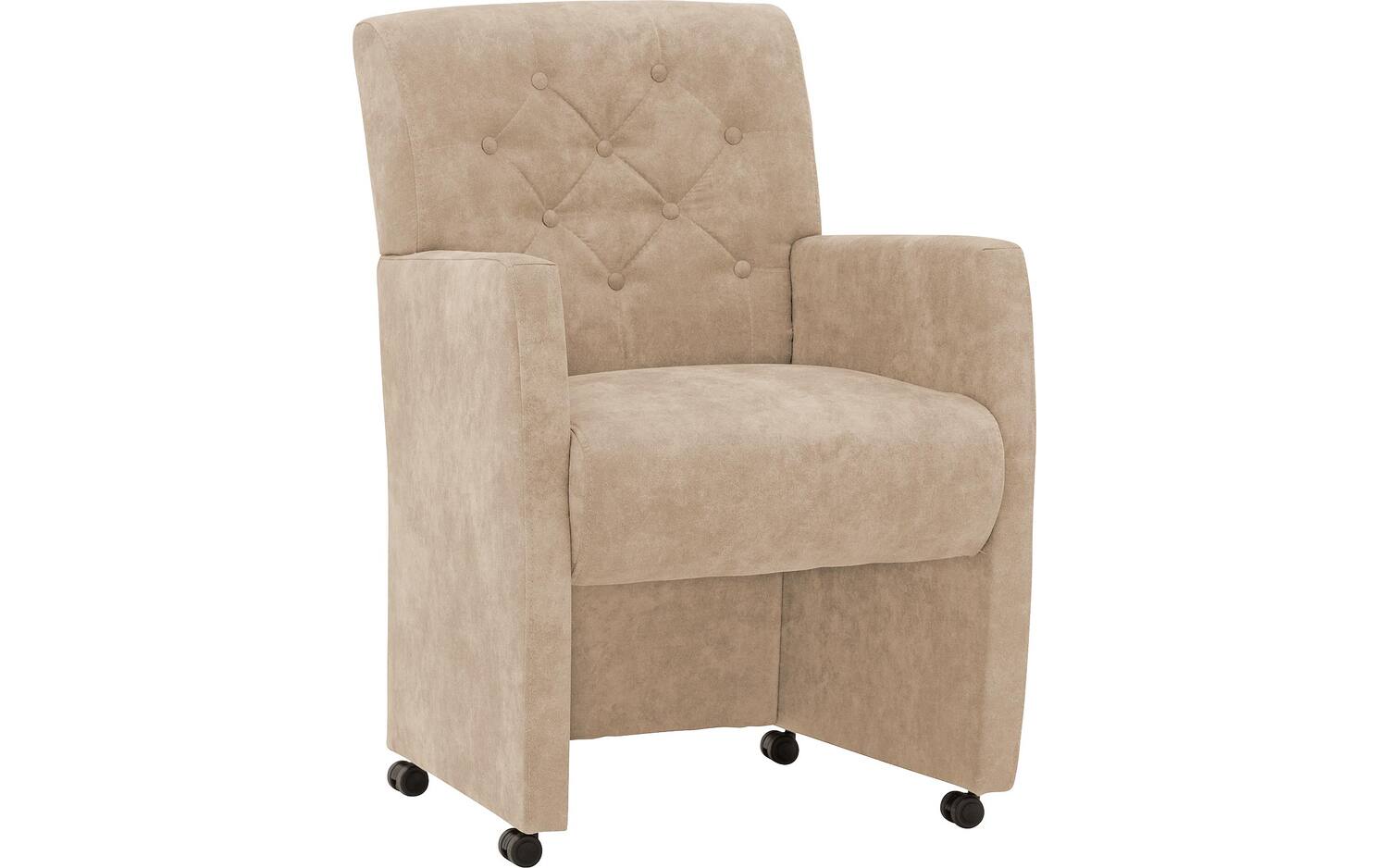 Goossens Eetkamerstoel Oliver beige microvezel met armleuning en met wielen, stijlvol landelijk - 8718823185485