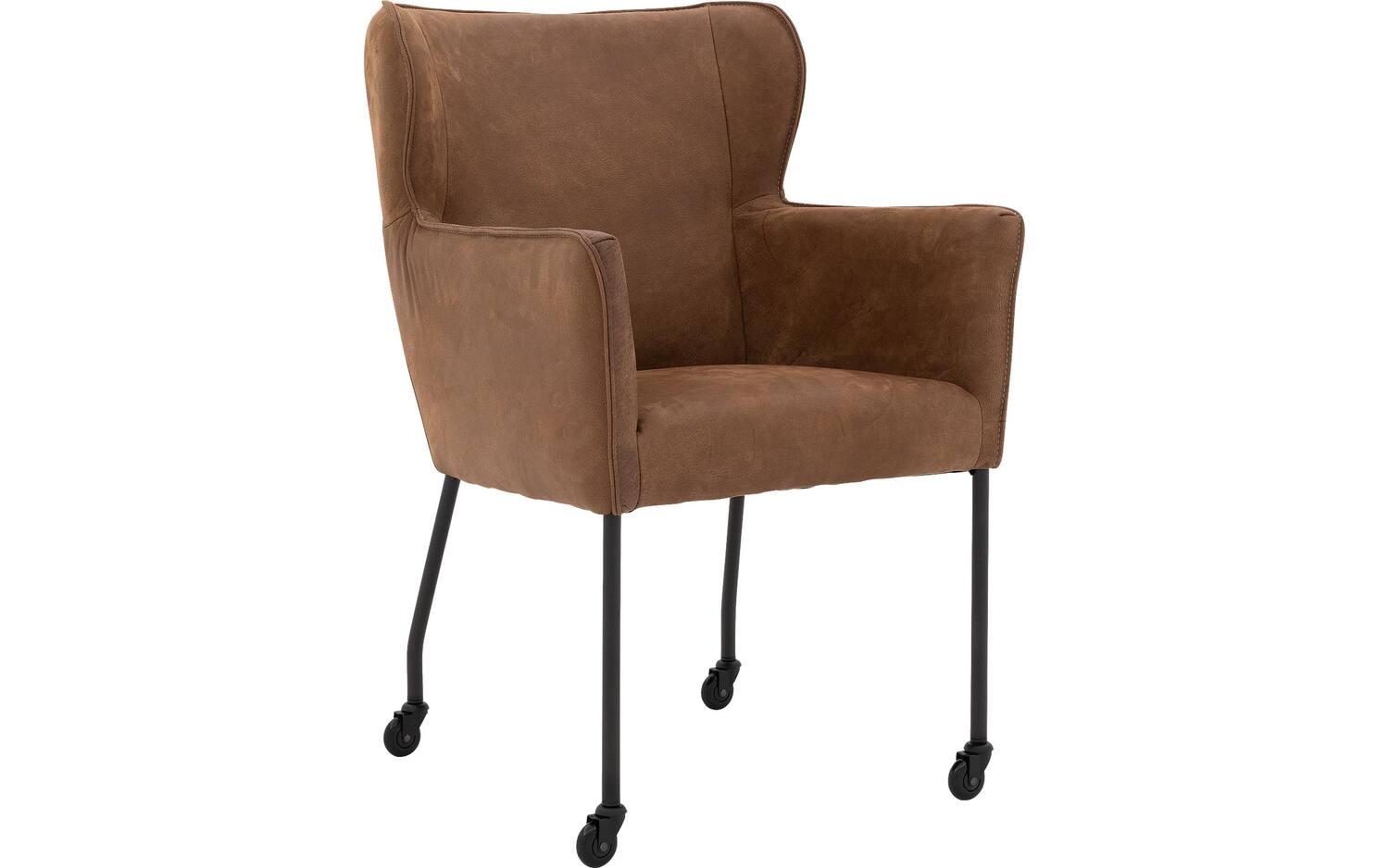 Goossens Excellent Eetkamerstoel Leogang bruin leer met armleuning en Zwart skater wiel met zwarte kapmet wielen, elegant chic - 8718823226690