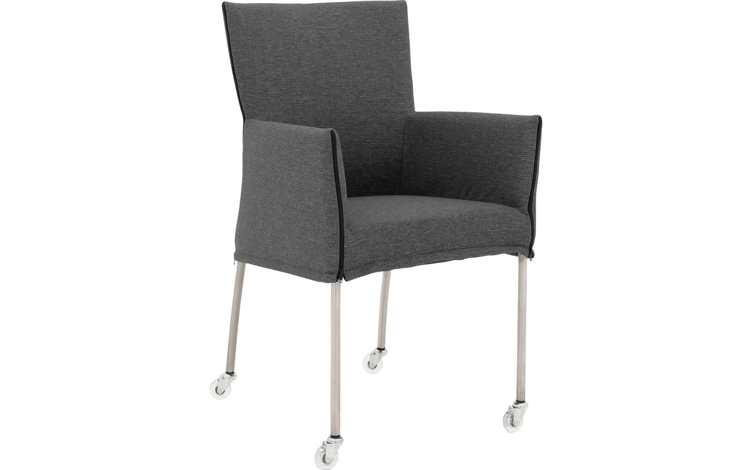 Goossens Eetkamerstoel Funk RVS Poten donkergrijs stof met armleuning en Transparant skater wiel met rvs kapmet wielen, modern design - 8718823212907