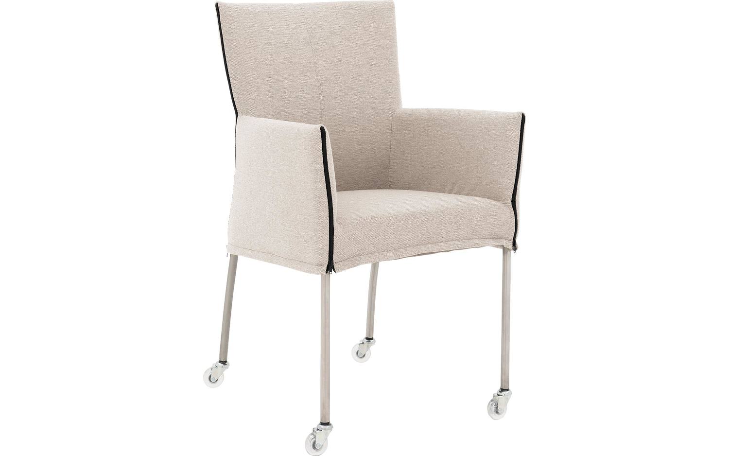 Goossens Eetkamerstoel Funk RVS Poten beige stof met armleuning en Transparant skater wiel met rvs kapmet wielen, modern design - 8718823212884