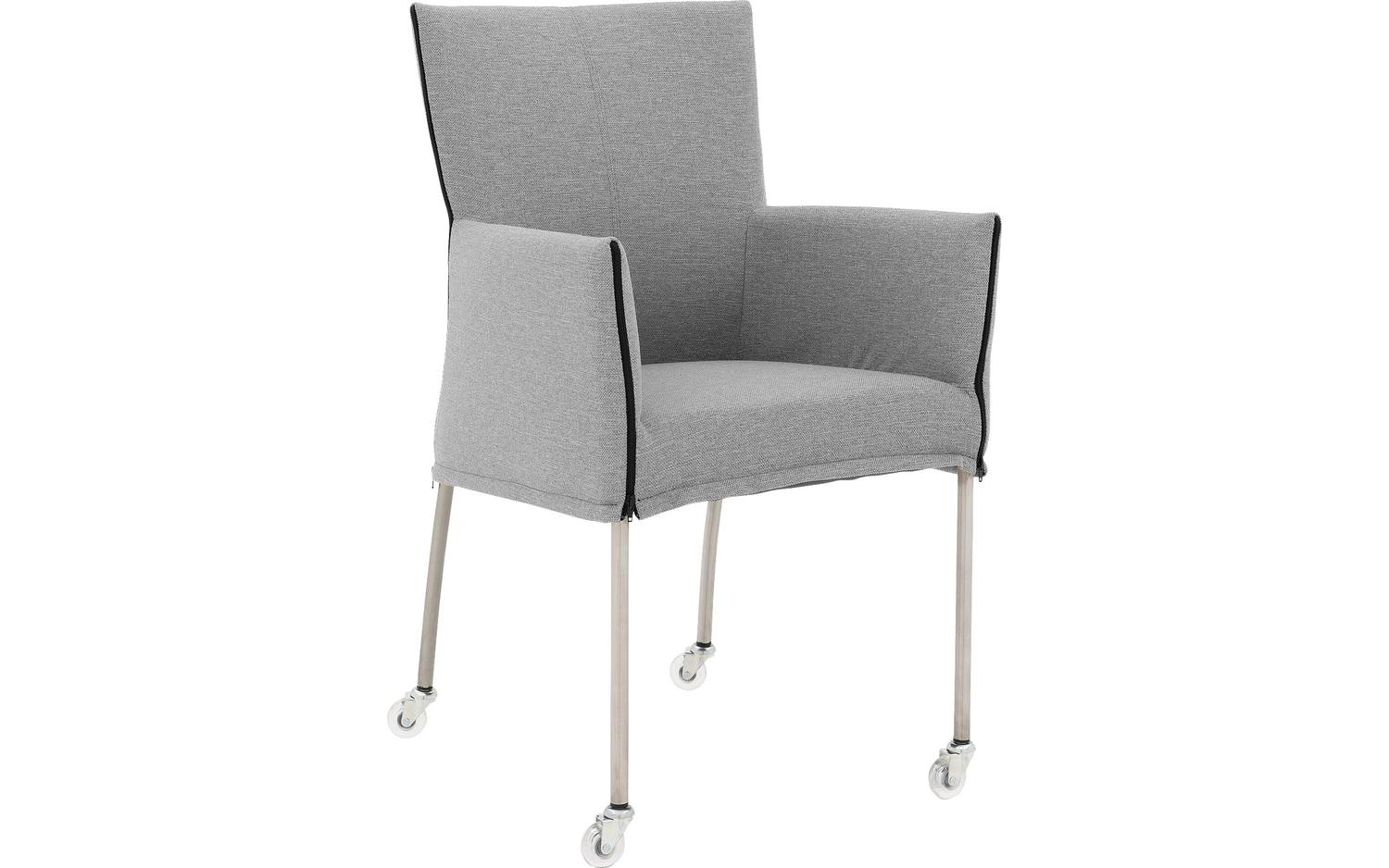 Goossens Eetkamerstoel Funk RVS Poten grijs stof met armleuning en Transparant skater wiel met rvs kapmet wielen, modern design - 8718823212877