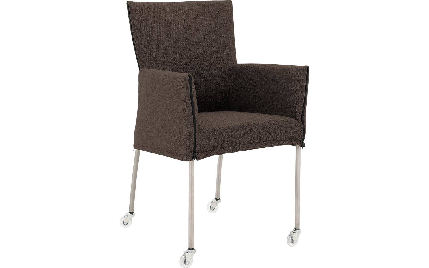 Goossens Eetkamerstoel Funk RVS Poten bruin stof met armleuning en met wielenTransparant skater wiel met rvs kap, modern design - 8718823212853